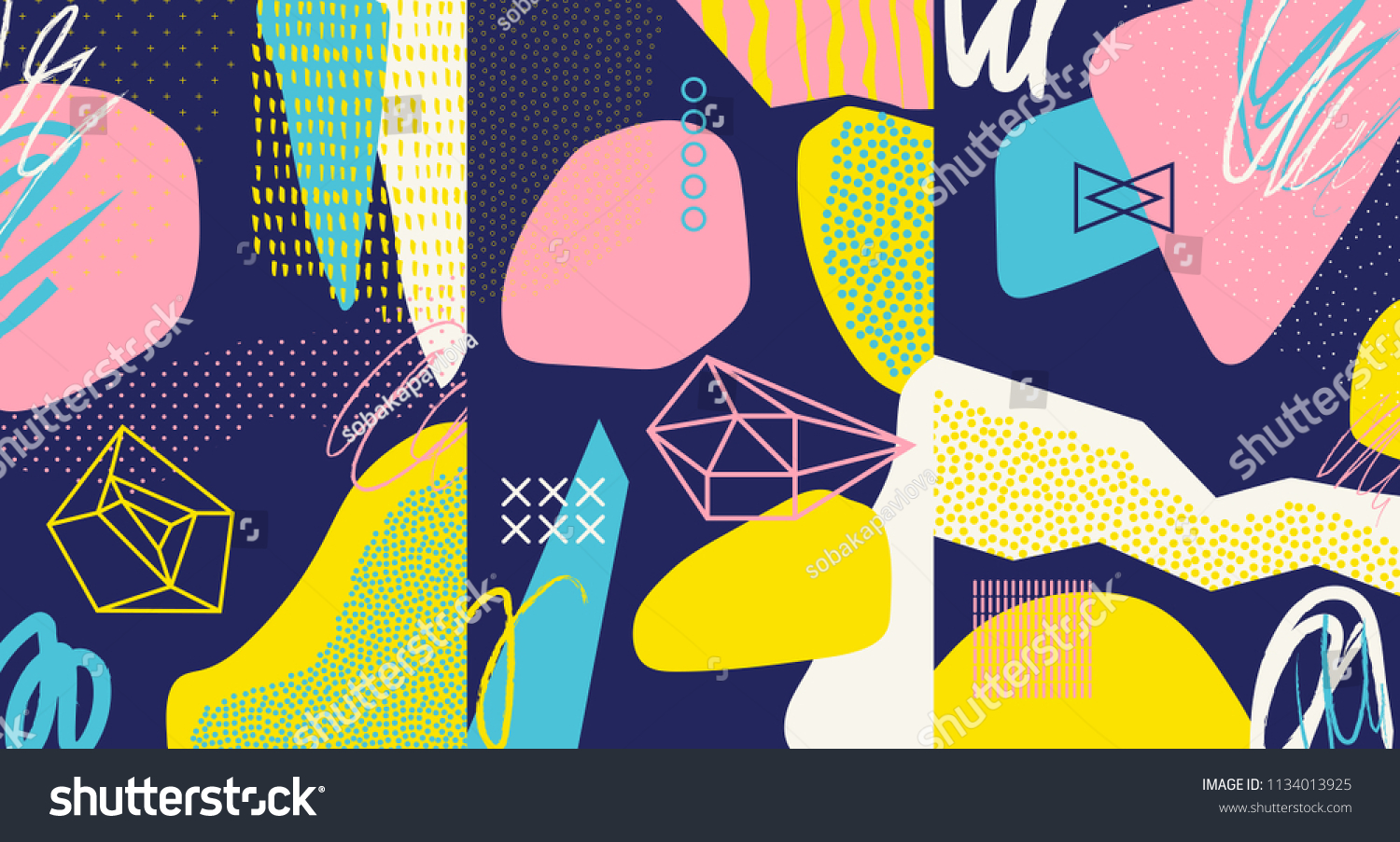 Creative doodle art header with different shapes and textures. Collage. Vector #1134013925