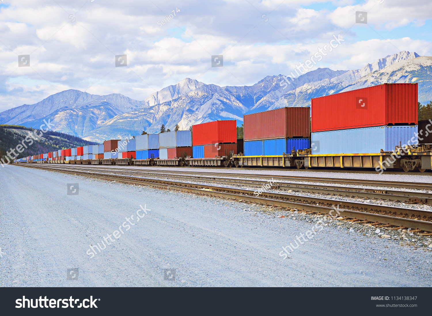 Freight comtainer train in Jasper. Alberta. Canada. #1134138347