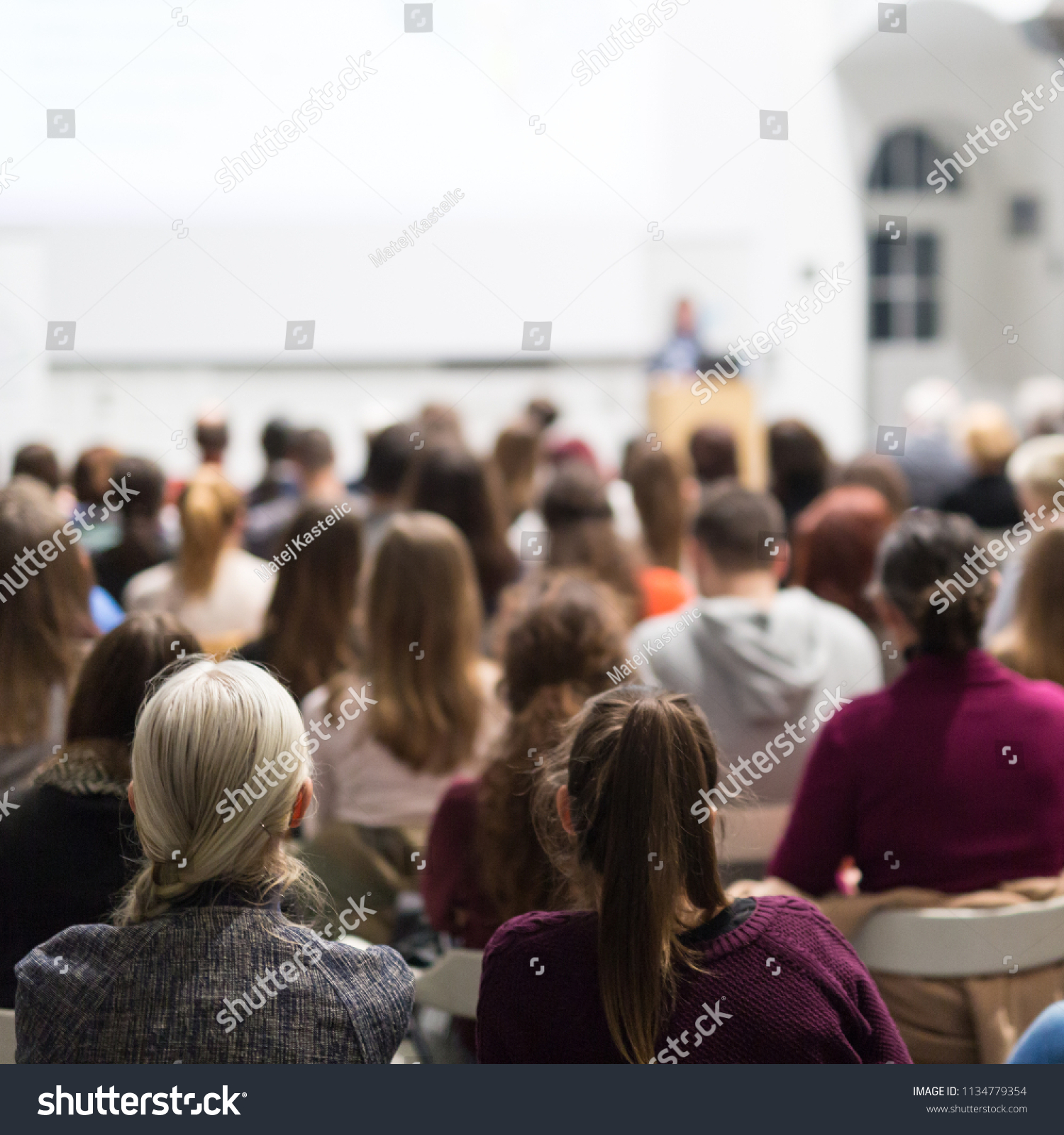 Female speaker giving presentation in lecture hall at university workshop. Audience in conference hall. Rear view of unrecognized participant in audience. Scientific conference event. #1134779354