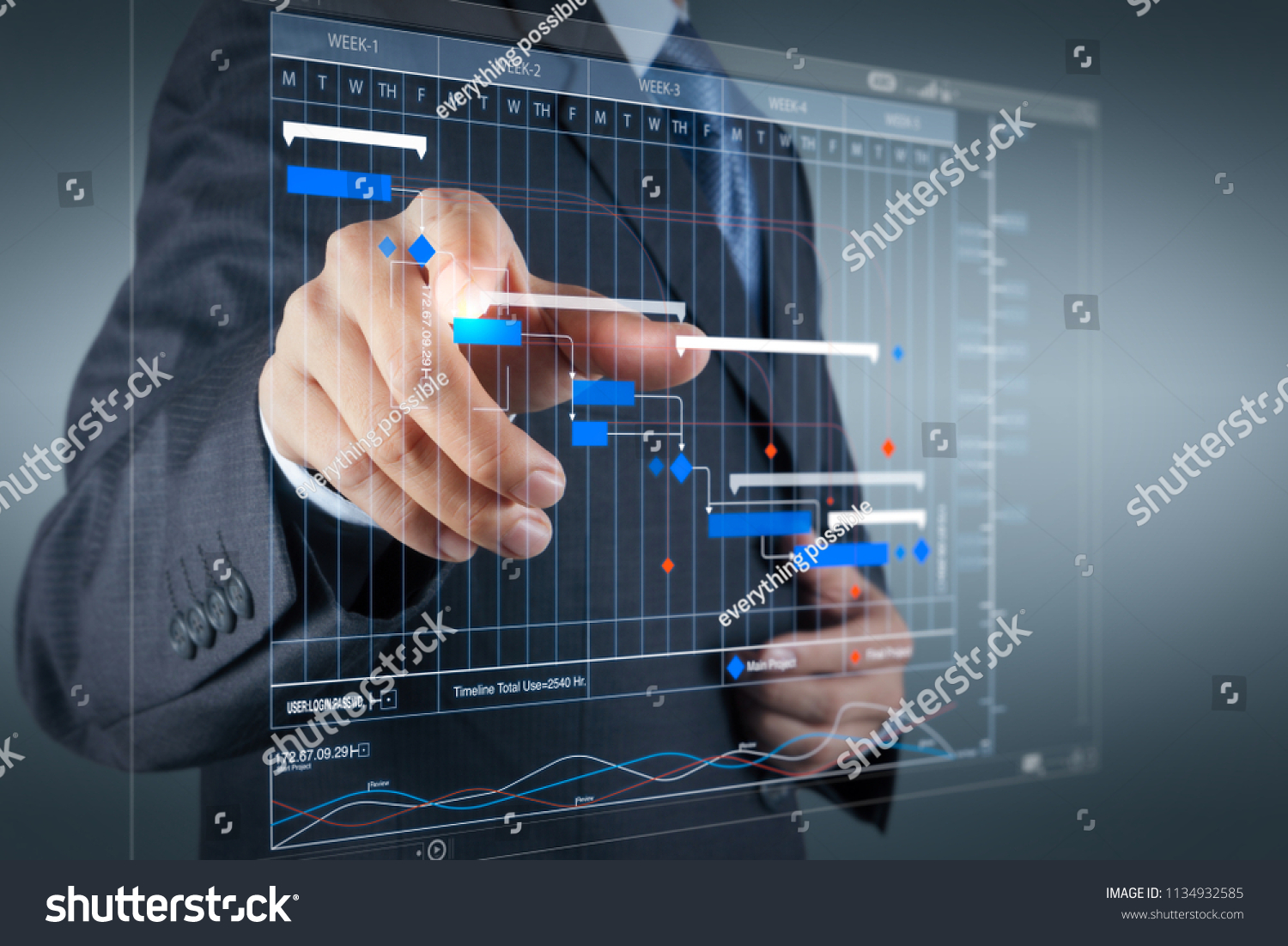 Project manager working and update tasks with milestones progress planning and Gantt chart scheduling virtual diagram.Businessman hand pressing an imaginary button on virtual screen #1134932585