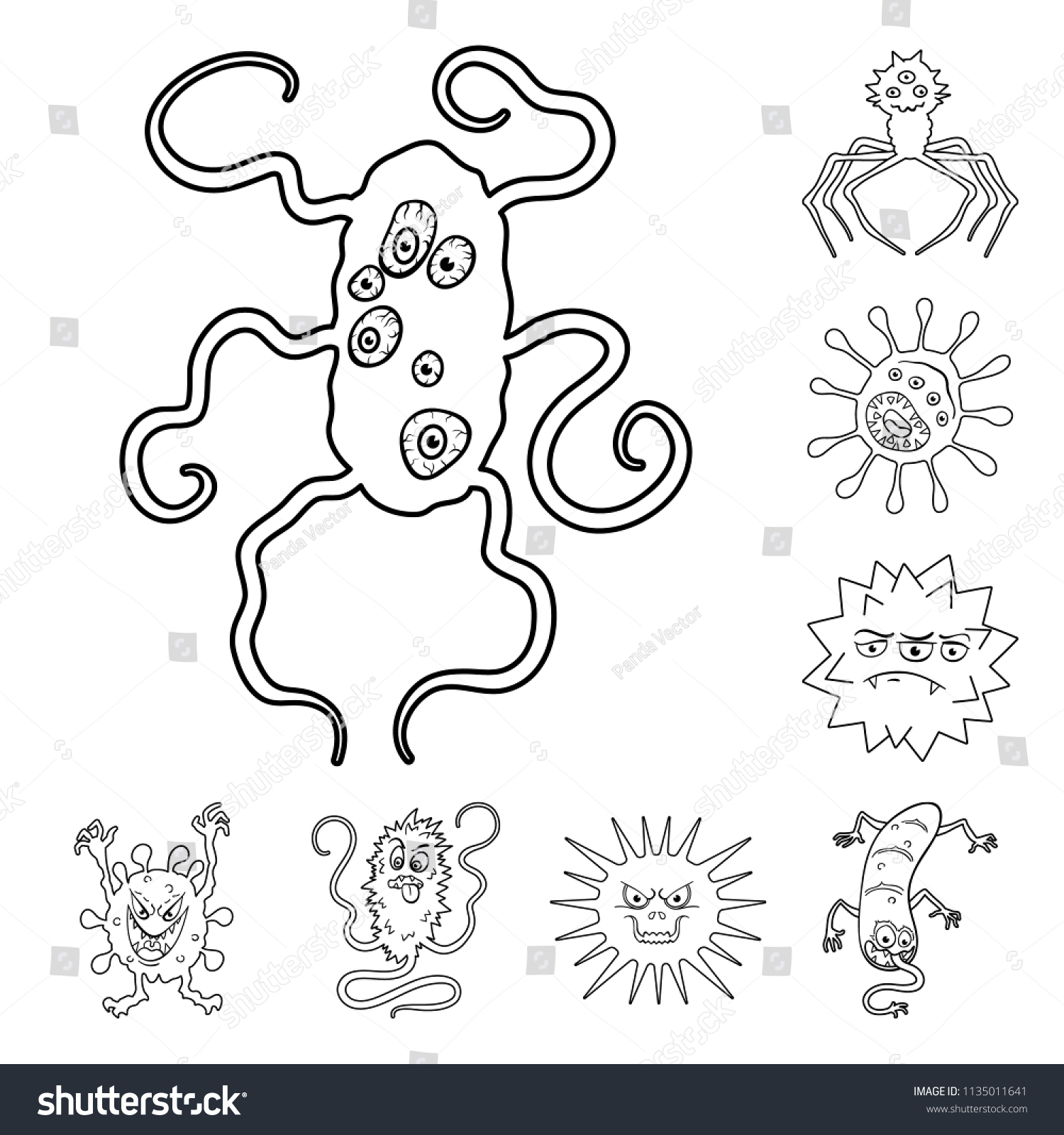 Types of funny microbes outline icons in set - Royalty Free Stock Photo ...