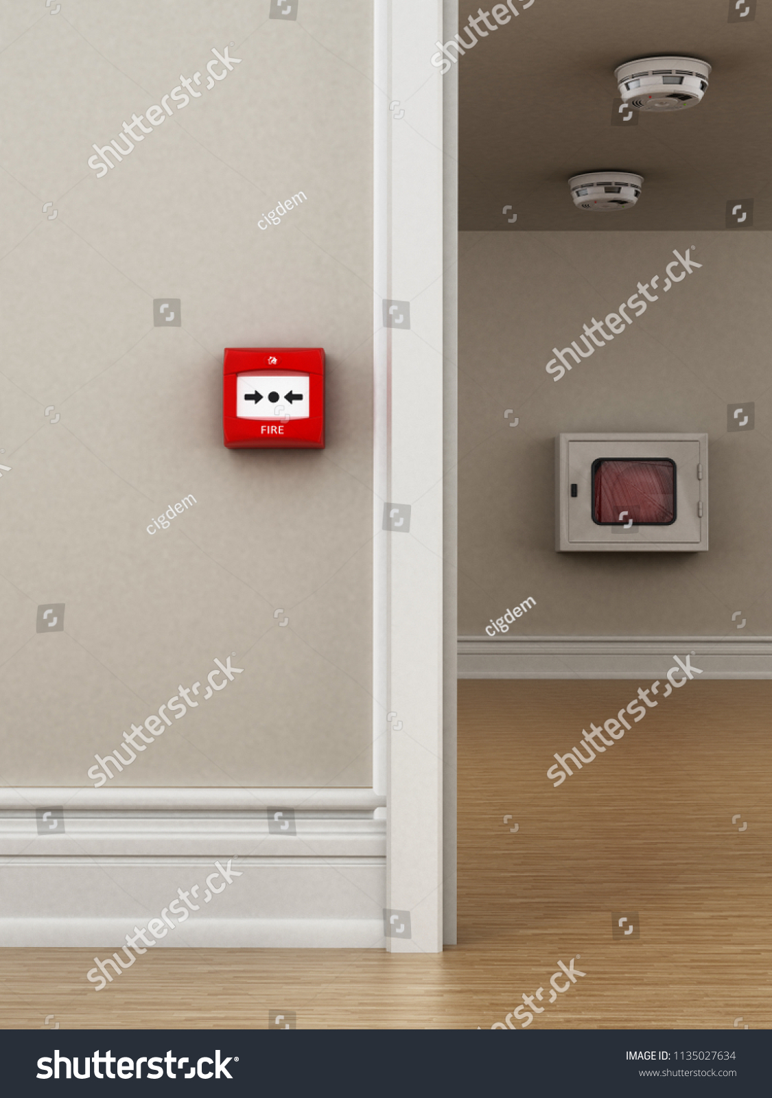Fire button, smoke detectors and hose on the wall. 3D illustration. #1135027634