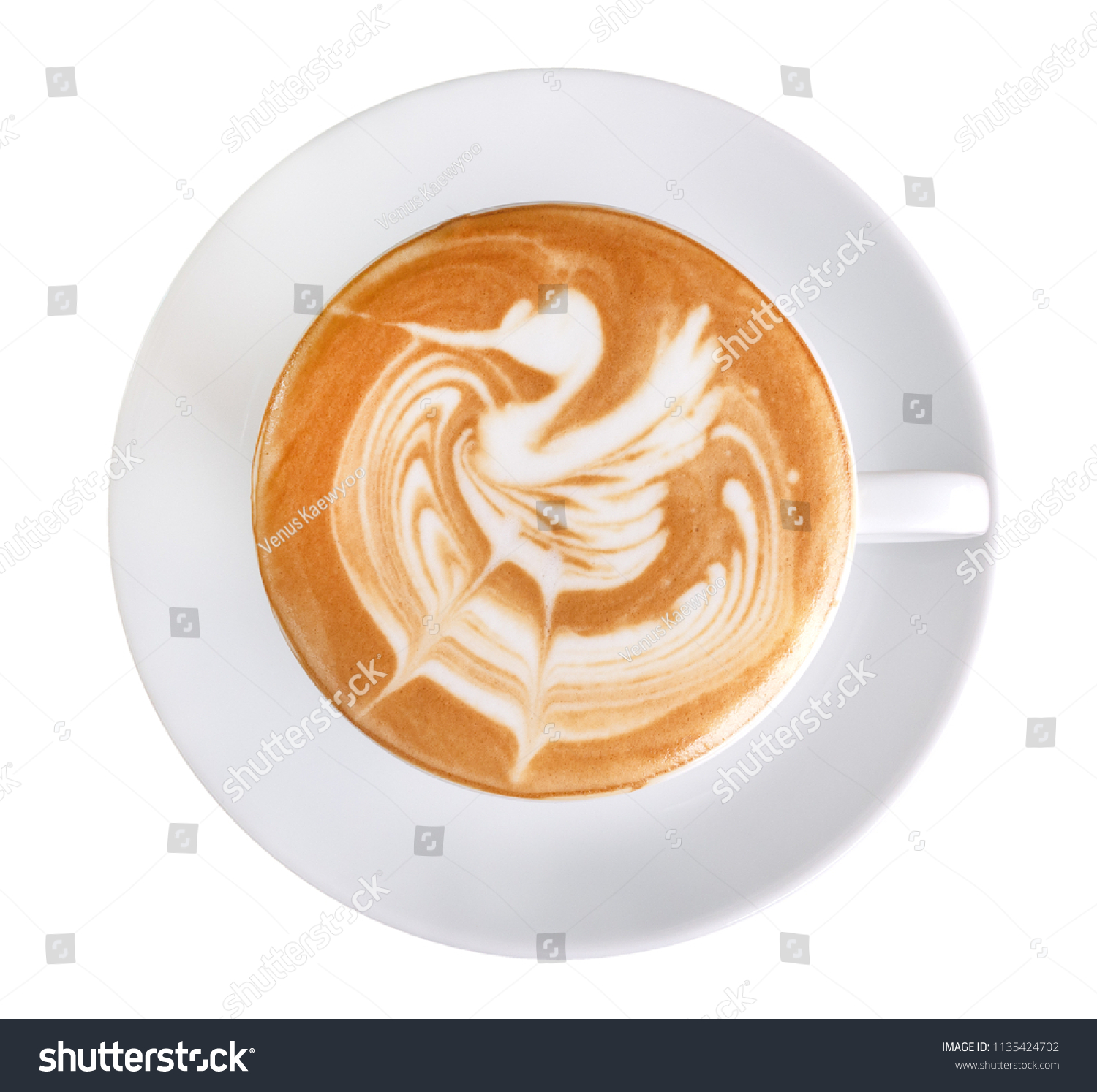 Top view of hot coffee latte art swan shape foam isolated on white background, clipping path included #1135424702