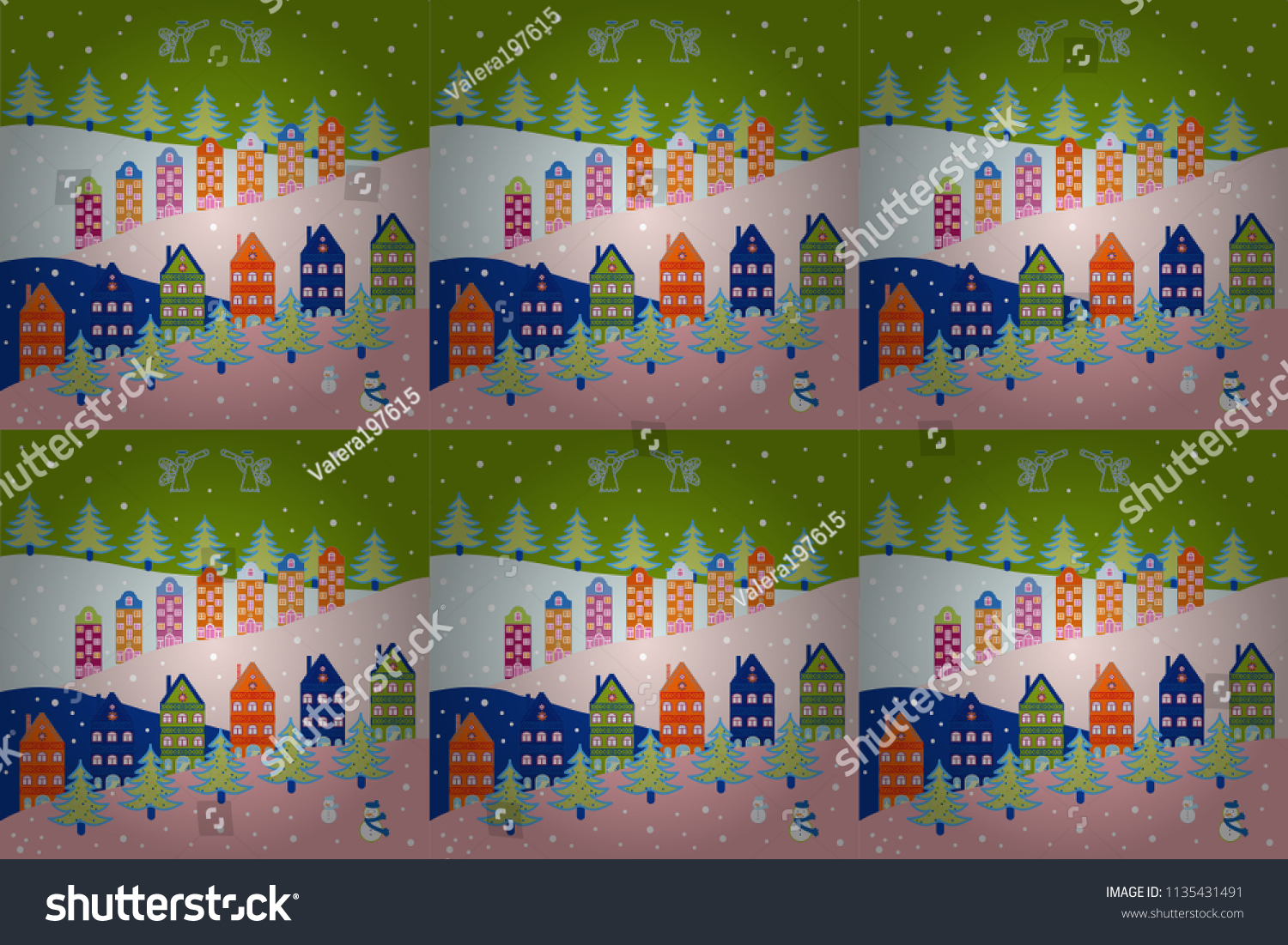 Cute houses and trees on blue, pink, green, neutral and gray colors background. Colorfil landscape for textile, wallpaper, fabric. Raster. Scandinavian style nature illustration. #1135431491