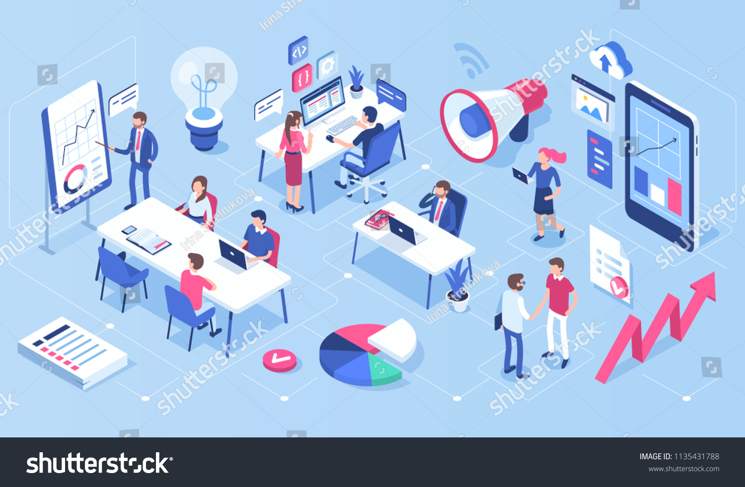 People in open space office concept design. Can use for web banner, infographics, hero images. Flat isometric vector illustration isolated on white background. #1135431788