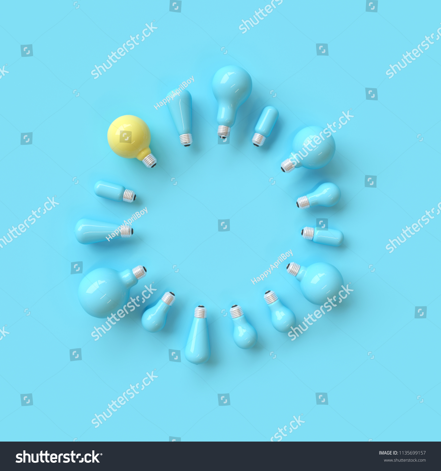 Outstanding different yellow lightbulb  among blue  lightbulb with circle shape concept on blue backgrond. minimal concept. top view flat lay. #1135699157