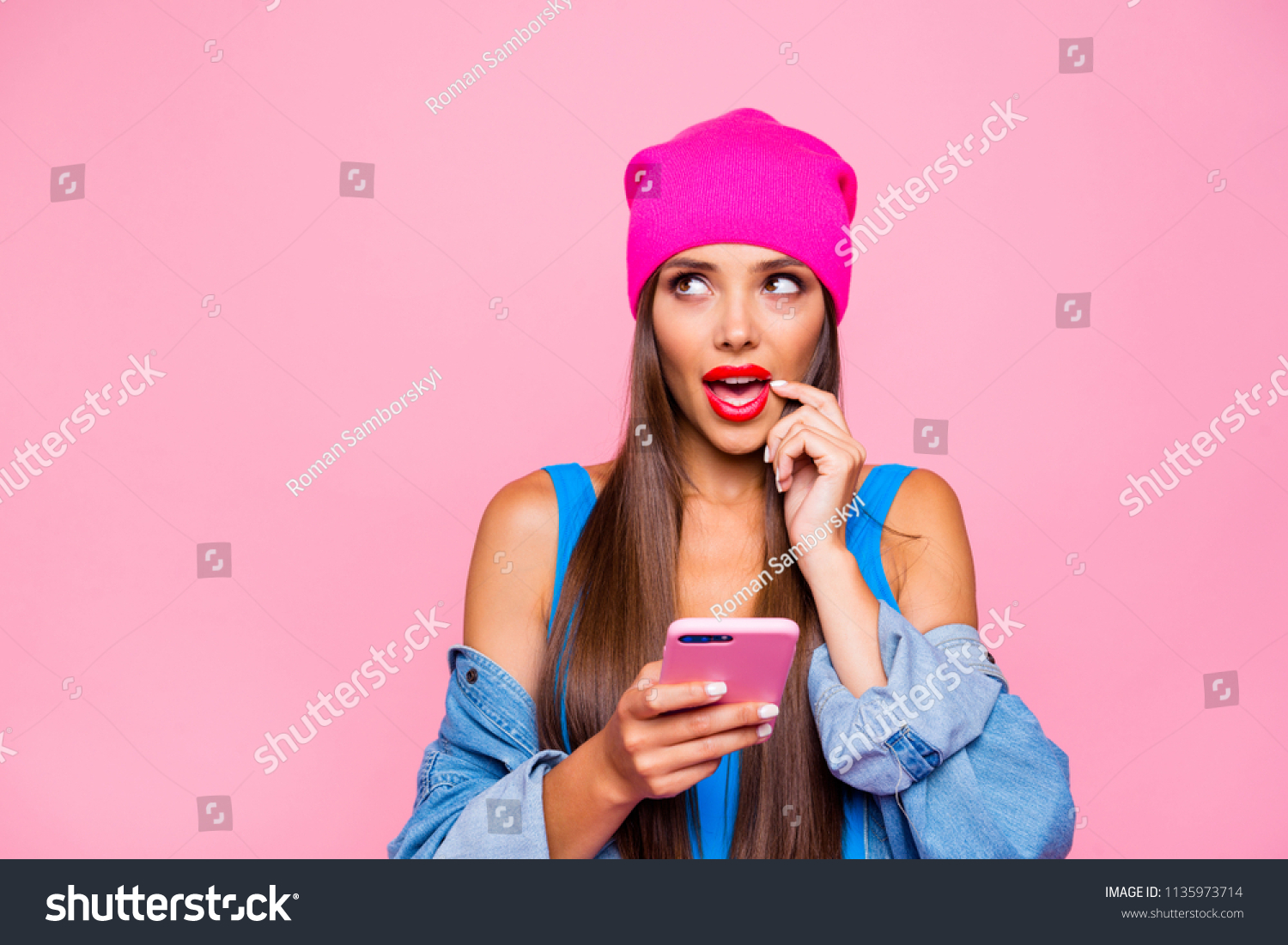 Oops I have bad memory! Close up photo portrait of cute attractive pretty thoughtful minded lady looking up holding finger near mouth using telephone isolated pastel background #1135973714