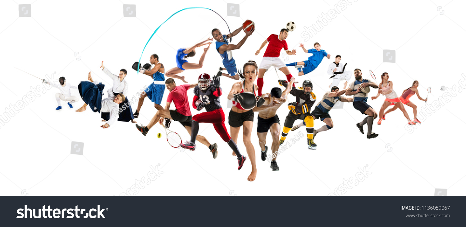 Attack. Sport collage about kickboxing, soccer, american football, basketball, ice hockey, badminton, taekwondo, aikido, tennis, rugby players and gymnast isolated on white background with copy space #1136059067