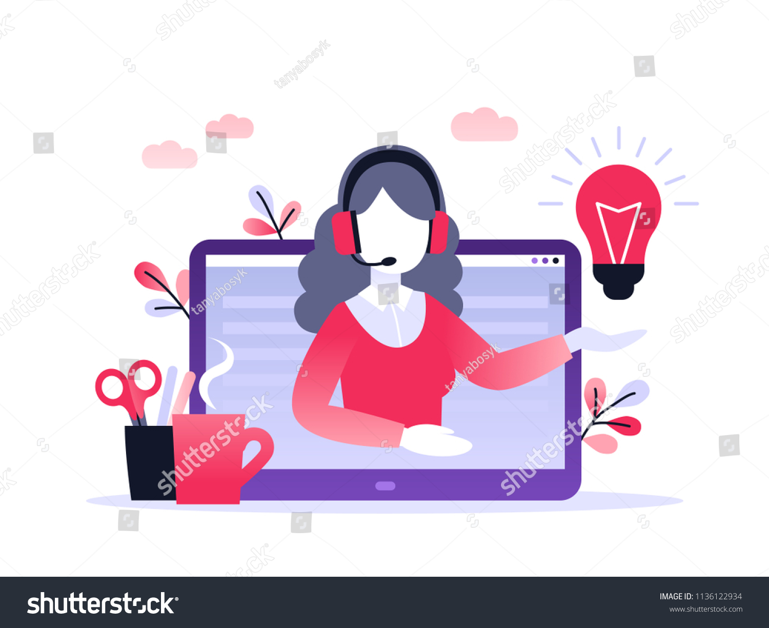 Concept customer and operator, online technical support 24-7 for web page. Vector illustration female hotline operator advises client. Online assistant, virtual help service. #1136122934