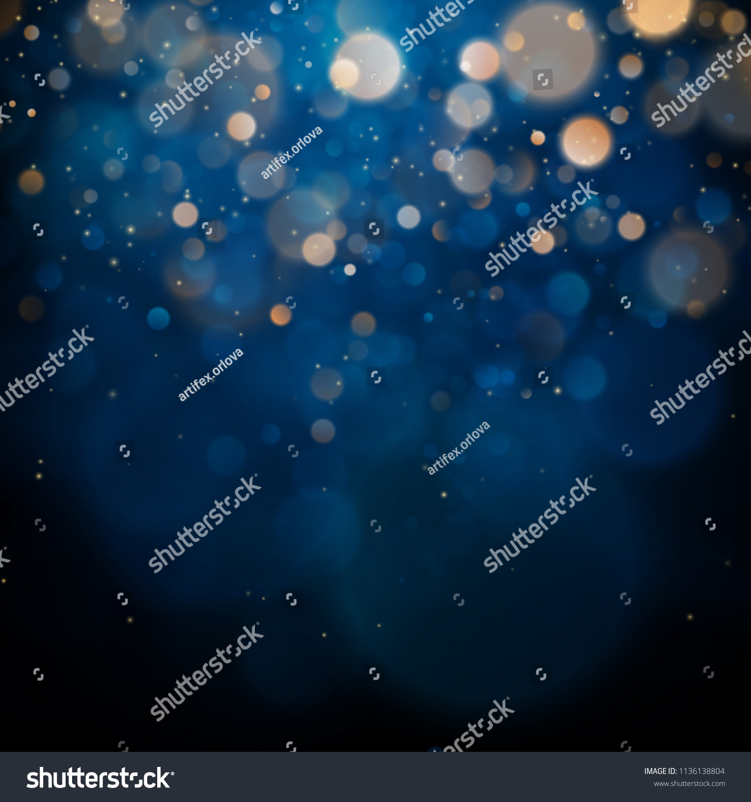 Blurred bokeh light on dark blue background. Christmas and New Year holidays template. Abstract glitter defocused blinking stars and sparks. EPS 10 #1136138804