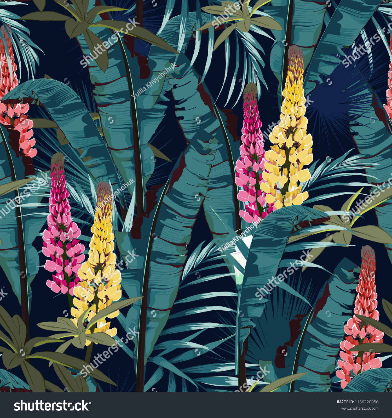 Tropic summer painting seamless vector pattern with palm banana leaf and plants. Floral jungle lupines paradise flowers. Trendy bunch exotic  wallpaper on dark blue background. Vintage colors. #1136220056