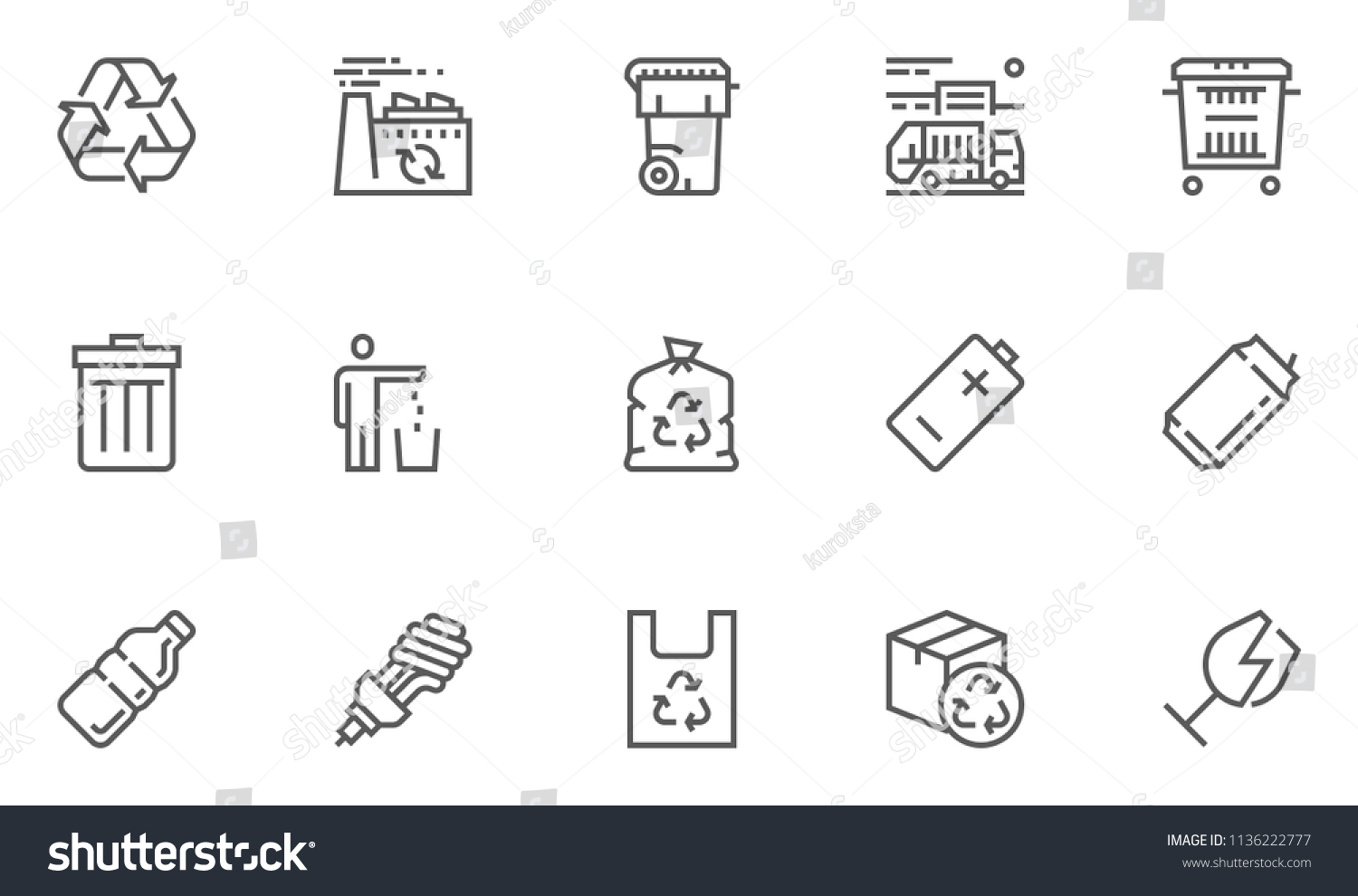 Garbage Vector Line Icons Set. Trash, Organic Waste, Plastic, Aluminium Can, Pollution, Recycle Plant. Editable Stroke. 48x48 Pixel Perfect. #1136222777