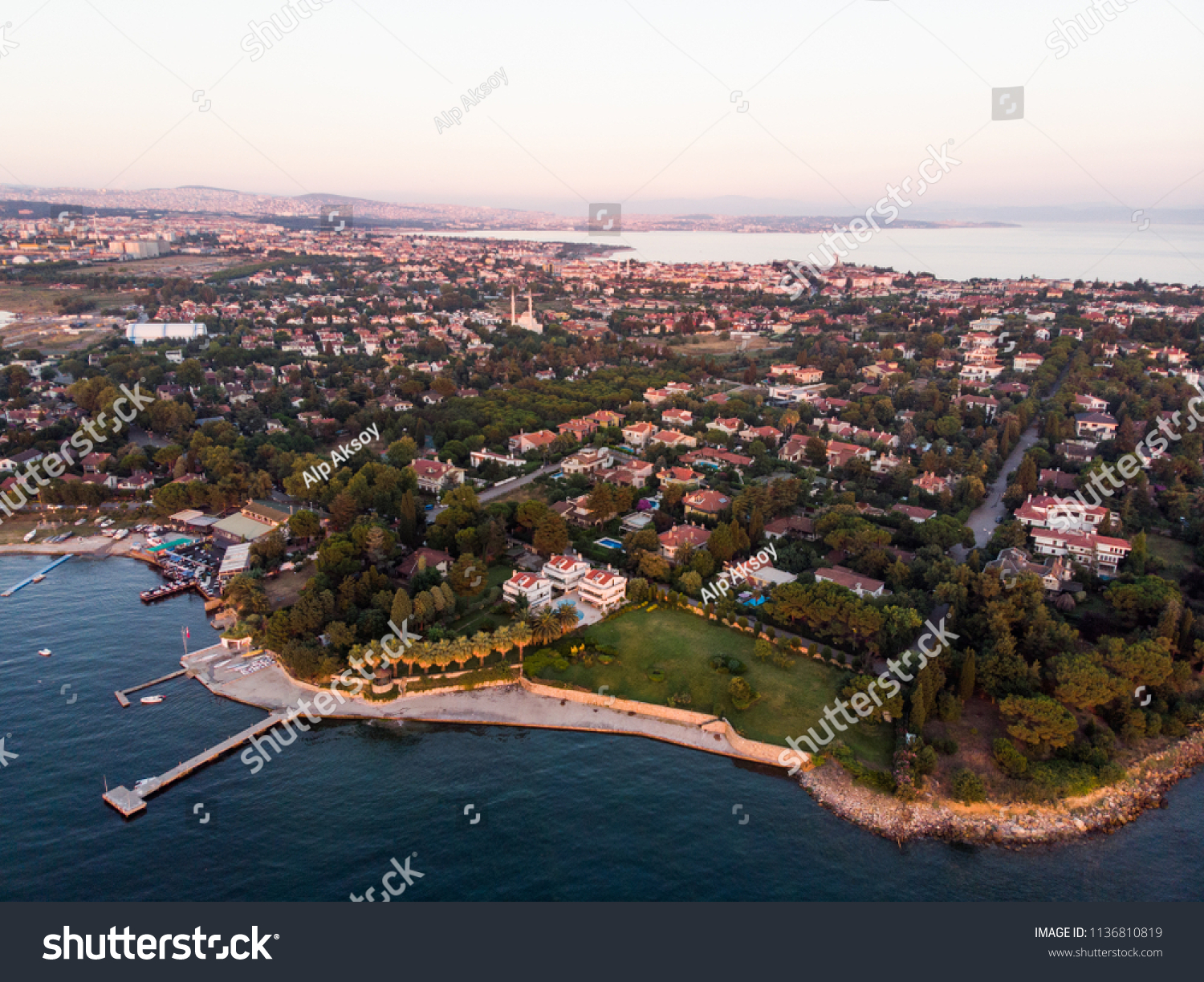 Aerial Drone View of Istanbul Tuzla Seaside at Golden Hour / Blue Hour #1136810819