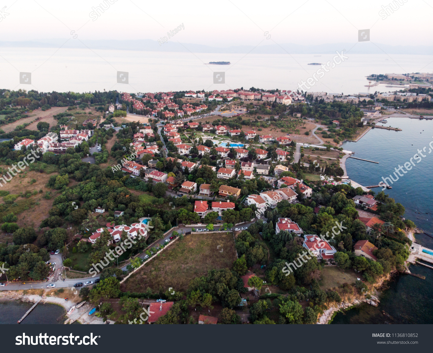 Aerial Drone View of Istanbul Tuzla Seaside at Golden Hour / Blue Hour #1136810852