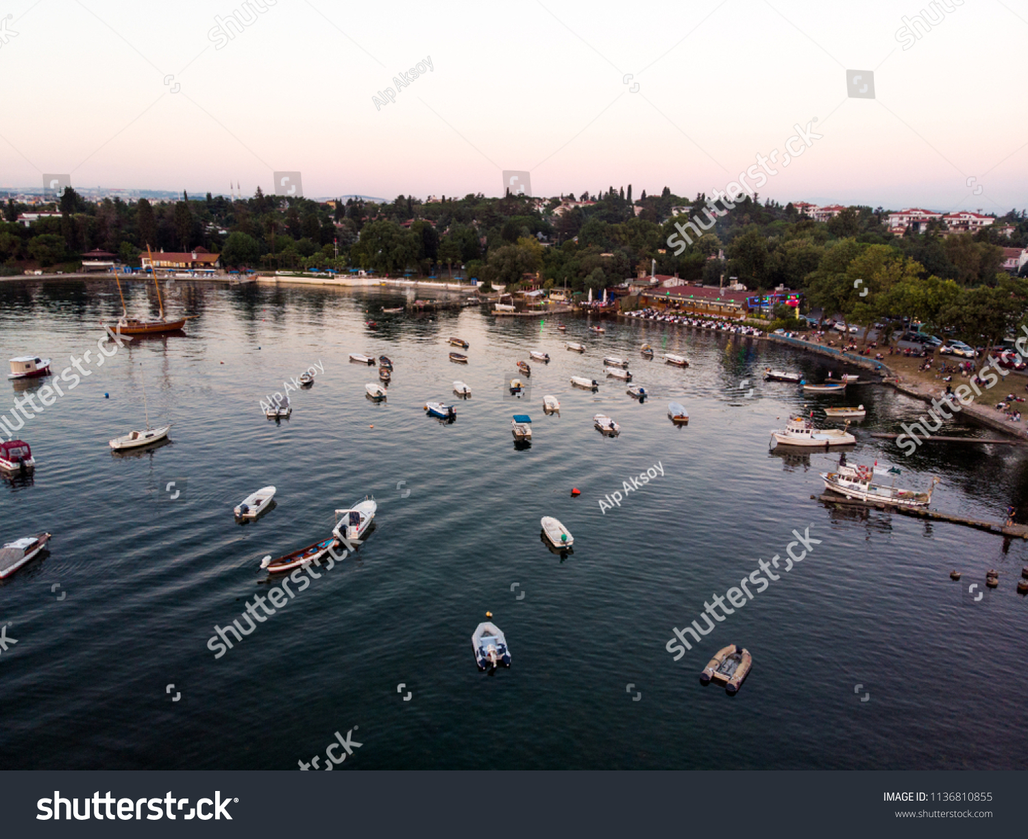 Aerial Drone View of Istanbul Tuzla Seaside with Boats Golden Hour / Blue Hour #1136810855