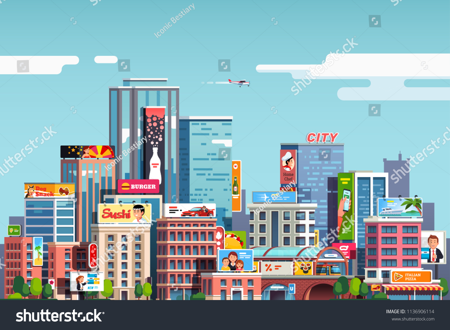 City downtown scenery with skyscrapers, commercial buildings, outdoor advertising billboards. City center cityscape. Business downtown, lots of ad's. Flat vector illustration isolated on background #1136906114