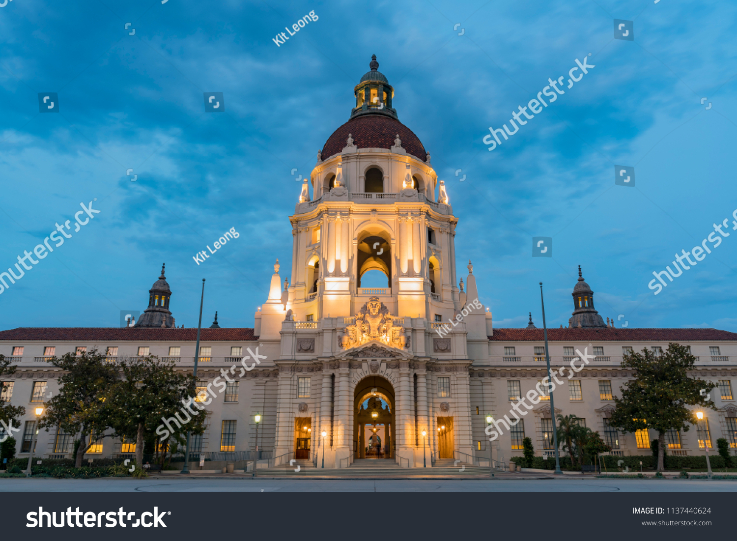 Night view of the famous Pasadena City Hall at Los Angeles County, California #1137440624