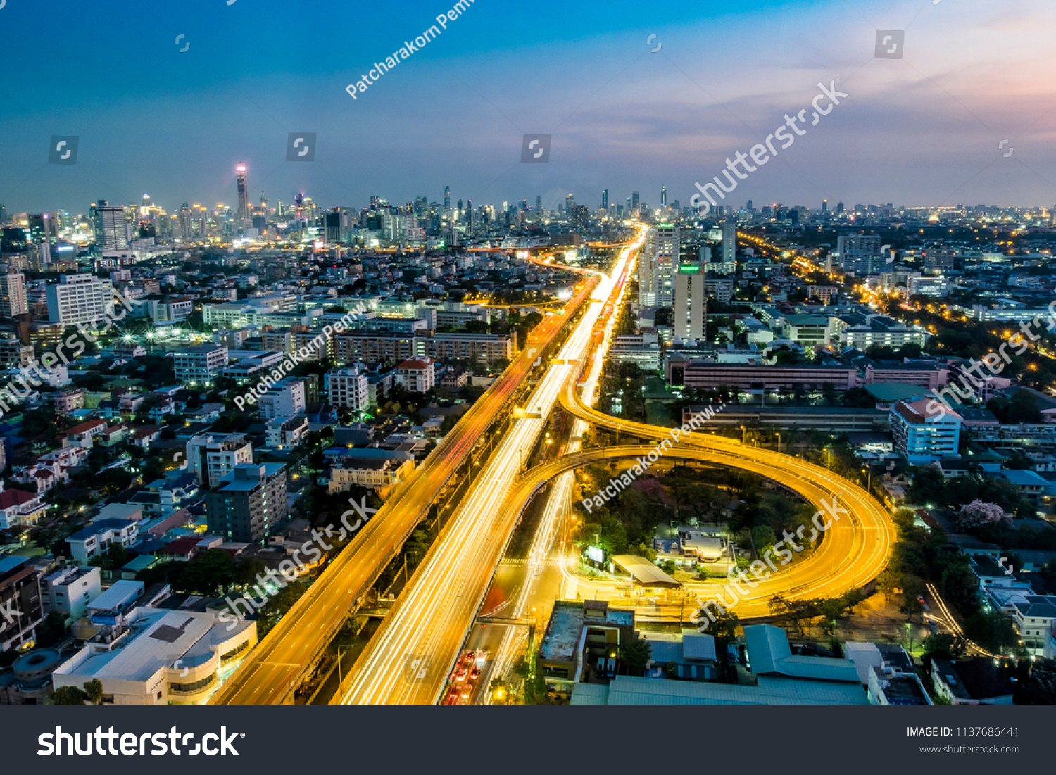 Bangkok/Thailand - 2017 : Night landscape of transportation with pastel sky in Pharam 6 , Bangkok. A lot of car move going on at the night.  #1137686441