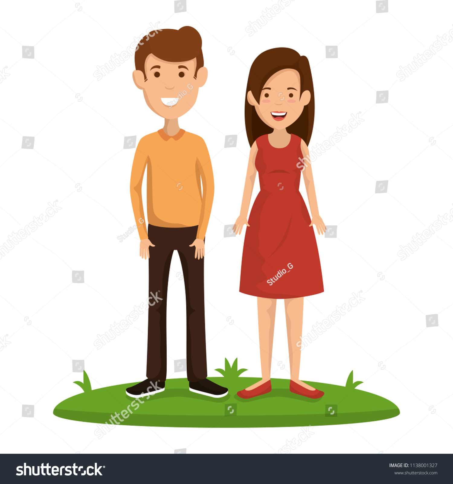 Young Couple In Grass Avatars Characters - Royalty Free Stock Vector 