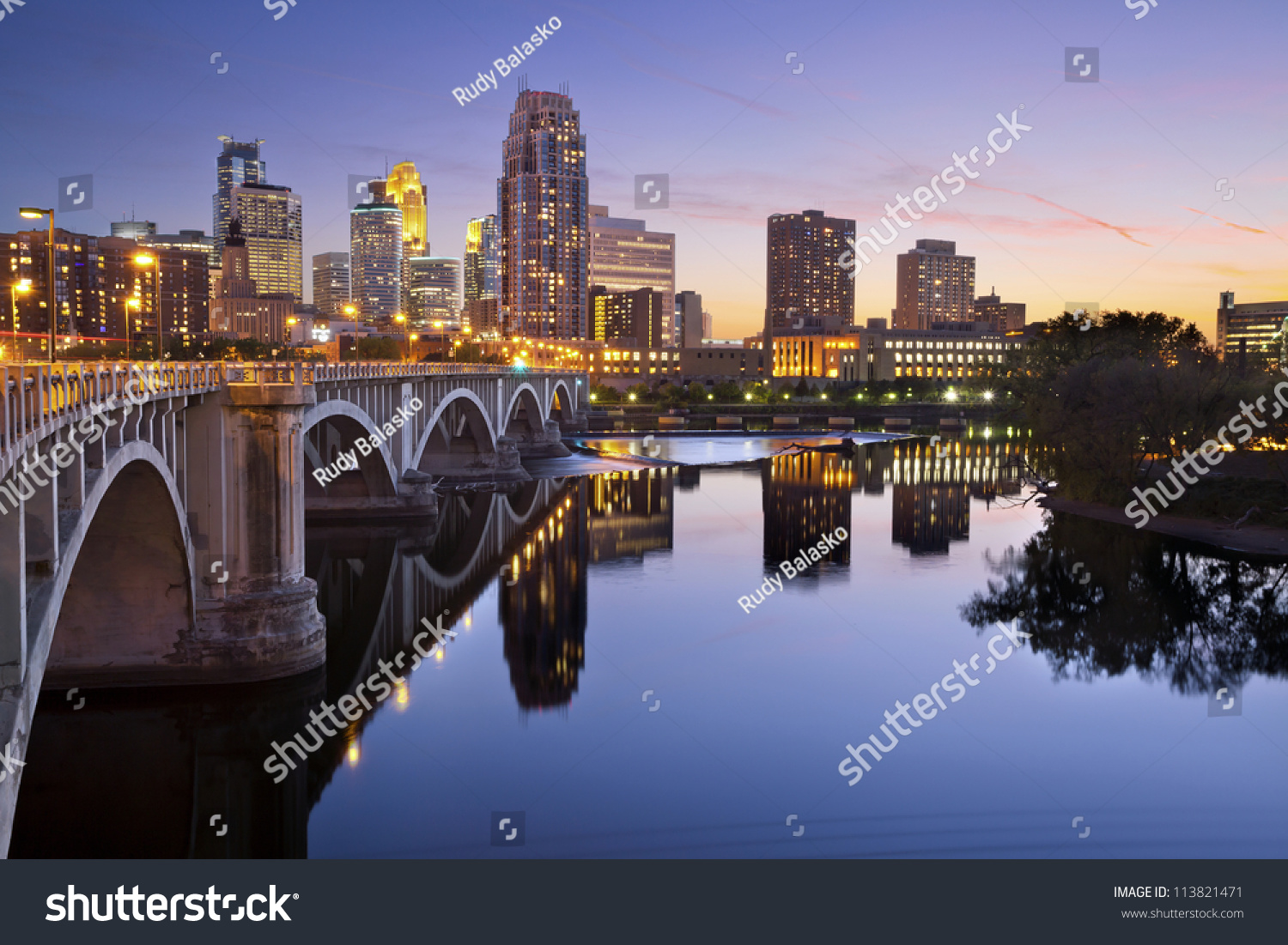 Minneapolis. Image of Minneapolis downtown skyline at sunset. #113821471