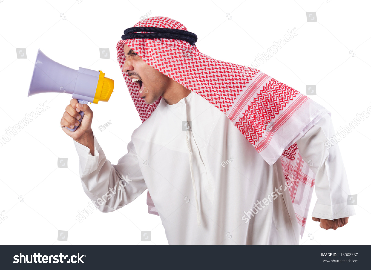 Arab man shouting through loudspeaker #113908330