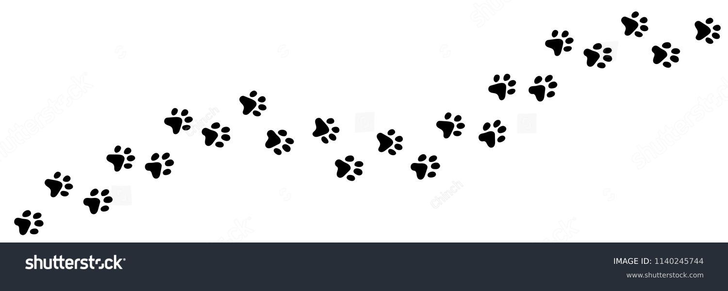 Paw vector foot trail print of cat. Dog, puppy silhouette animal diagonal tracks for t-shirts, backgrounds, patterns, websites, showcases design, greeting cards, child prints and etc. #1140245744