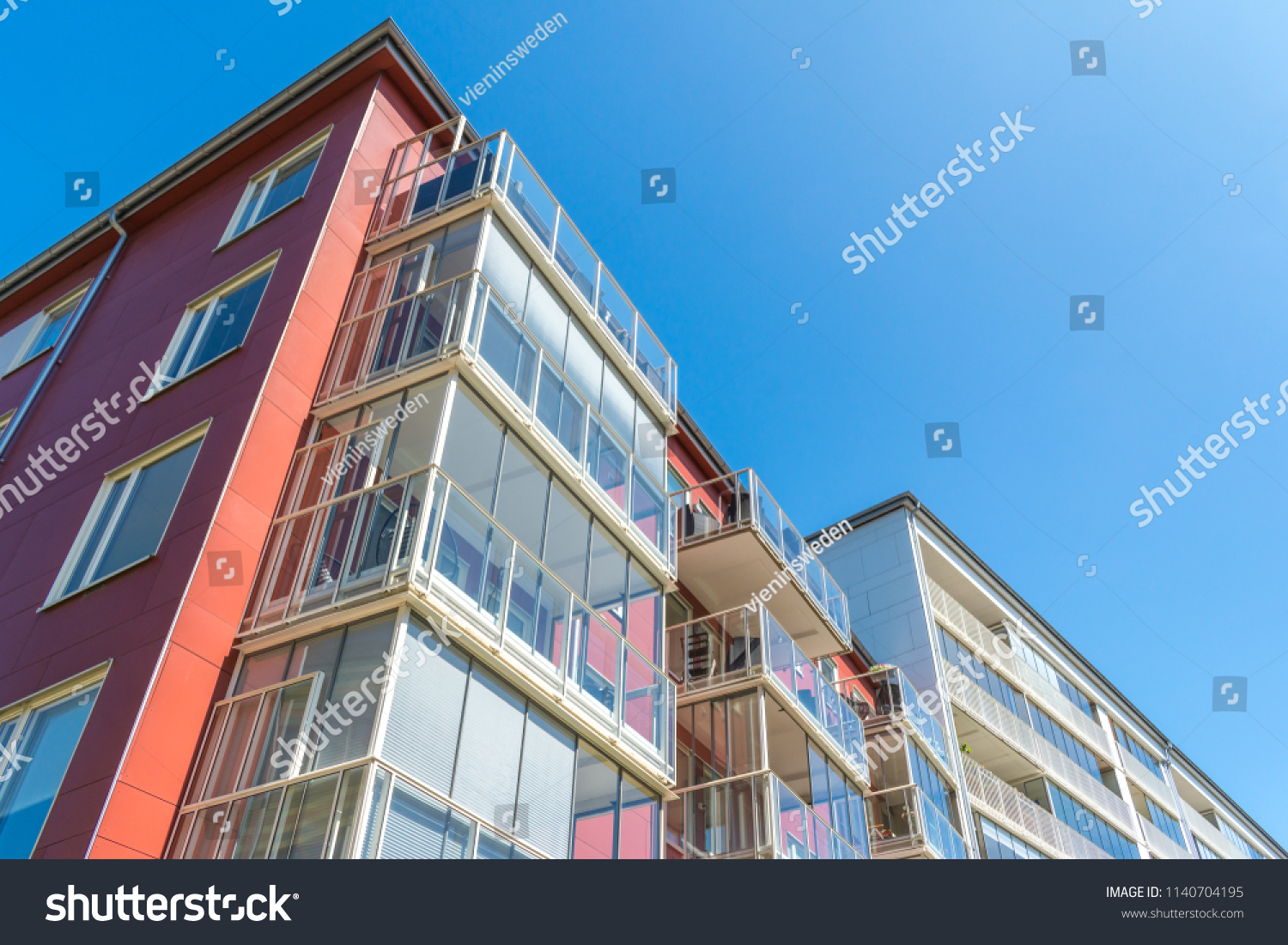 Modern Luxury Scandinavia Apartment Building Blue Sky Facade Home Residential Structure #1140704195