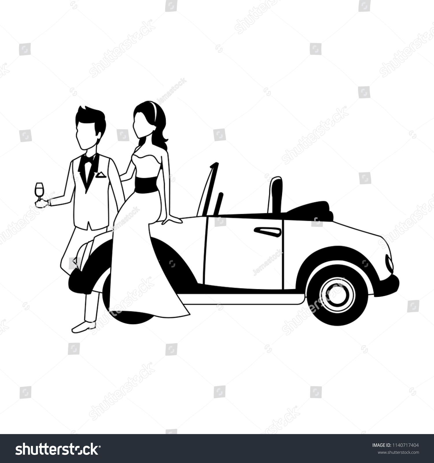Bride and groom with sport car in black and white #1140717404