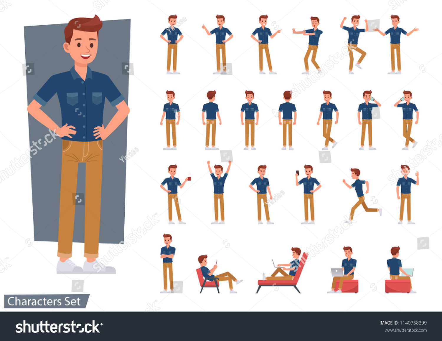 Set of man wear blue jeans shirt character vector design. Presentation in various action with emotions, running, standing and walking. #1140758399