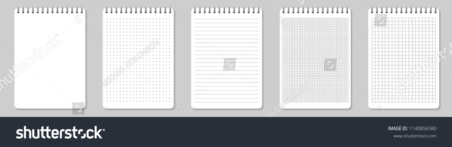 Creative vector illustration of realistic notebooks lined and dots paper page isolated on transparent background. Art design clean spiral notepad blank mockup template. Abstract graphic element #1140856580