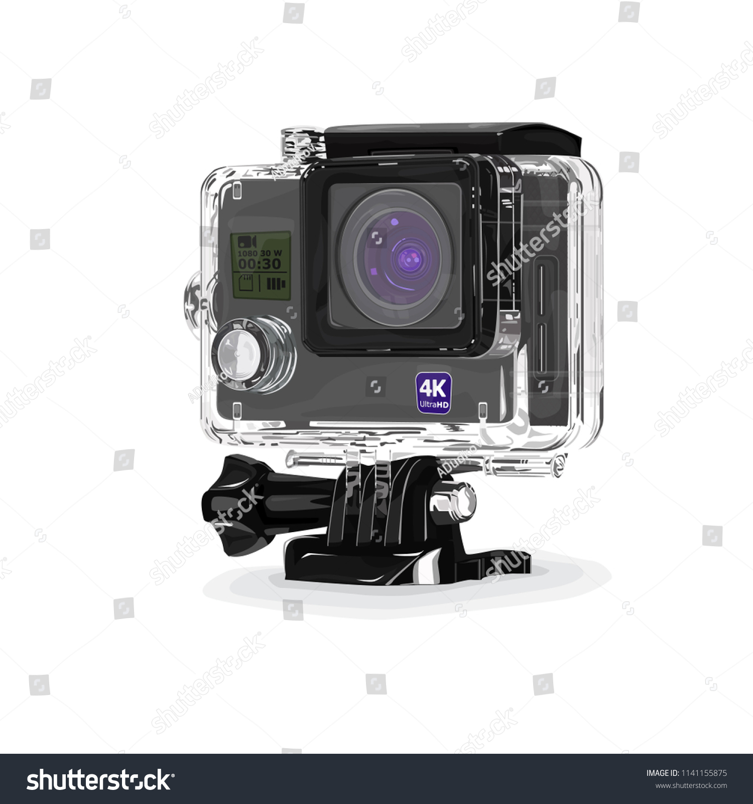 Action video camera in waterproof box. Gear for filming extreme sports. Realistic vector image isolated on white background  #1141155875