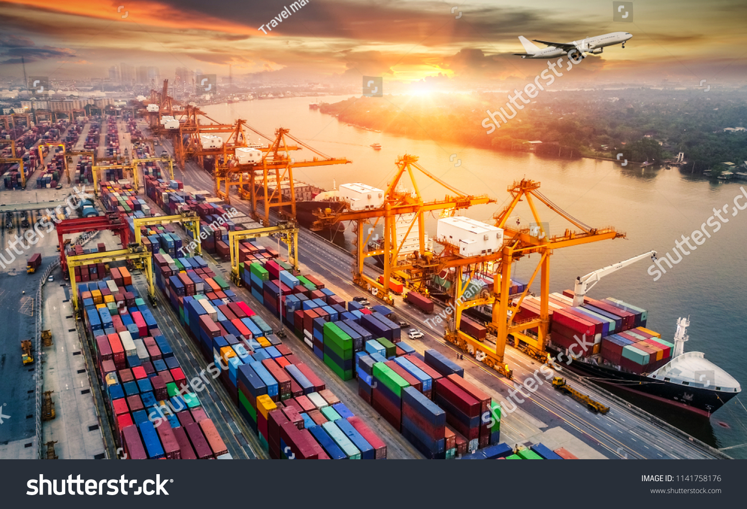 Logistics and transportation of Container Cargo ship and Cargo plane with working crane bridge in shipyard at sunrise, logistic import export and transport industry background #1141758176