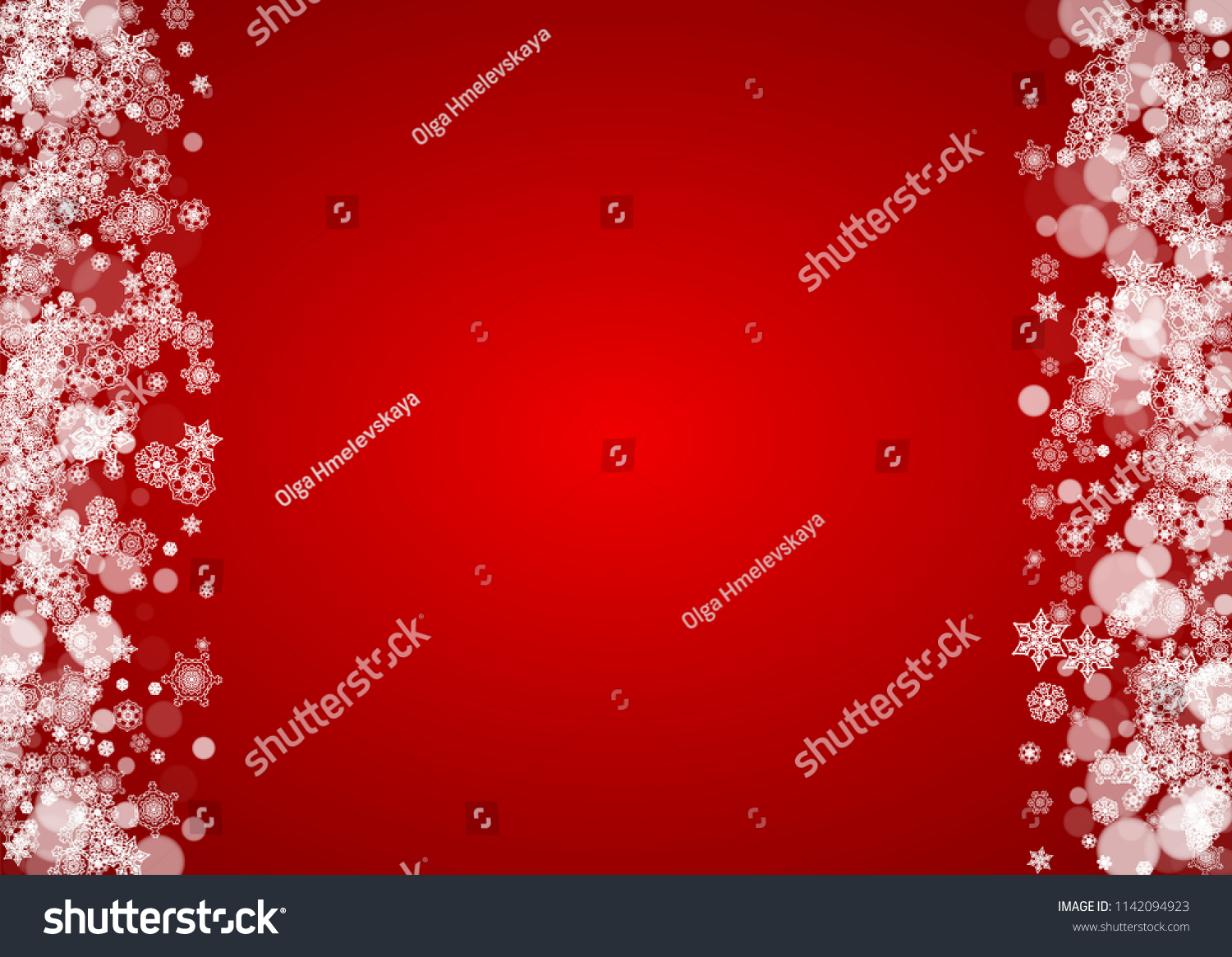 Christmas snowflakes on red background. Santa Claus colors. Horizontal frame for winter banner, gift coupon, voucher, ads, party events with Christmas snowflakes. Falling snow for holiday celebration #1142094923
