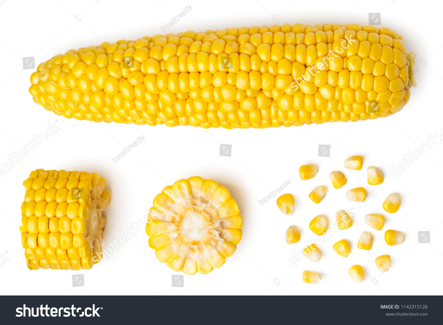 The peeled ear of corn, a piece of and seeds on a white, isolated. The view from the top. #1142315126