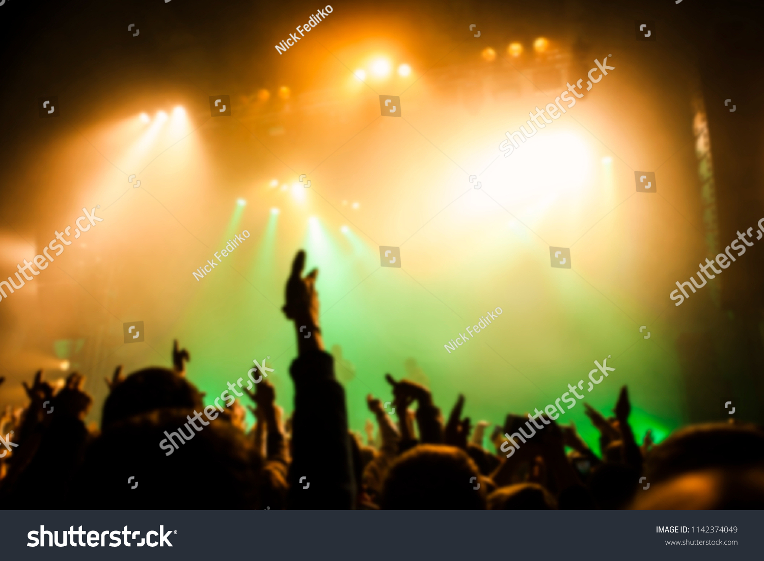 Musical concert. People in the concert hall at the disco . Singer in front of the audience. Fans at the concert. Blurred image / blurred photo.  #1142374049