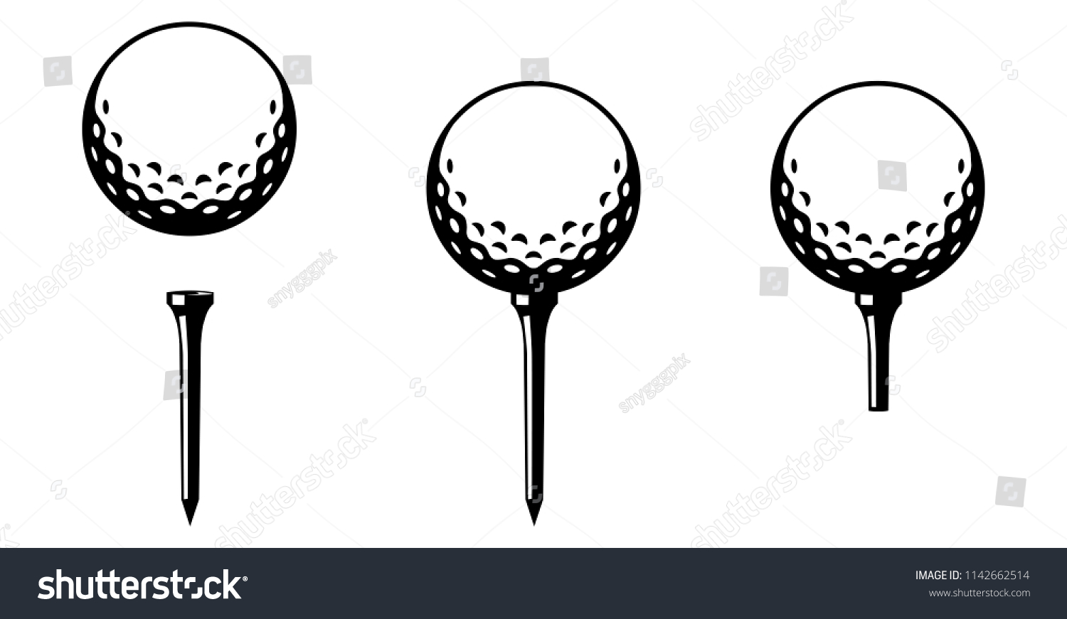 Set: Golf ball on tee – several versions / black and white / vector / icon #1142662514
