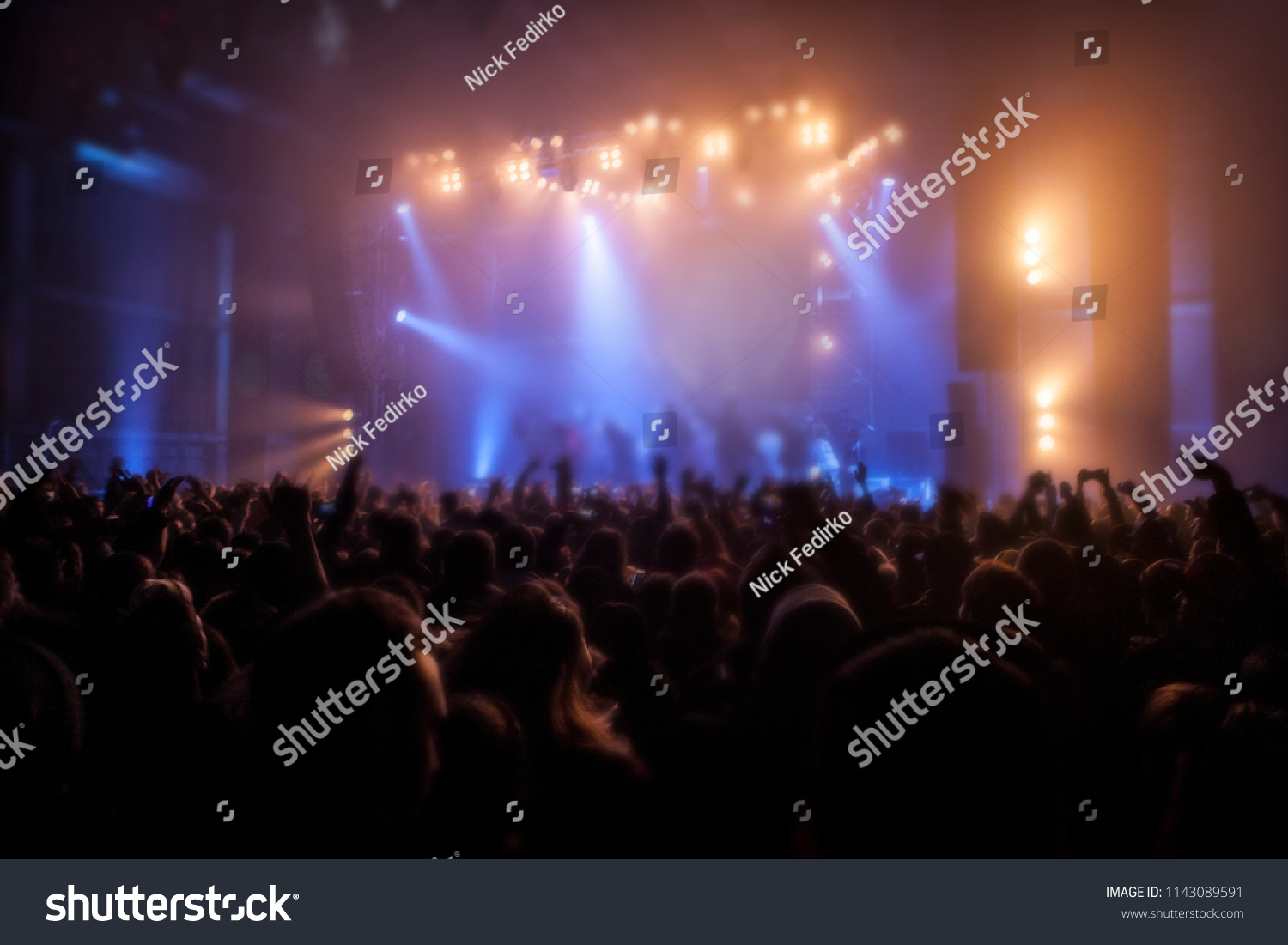 Musical concert. Music festival. People in the concert hall at the disco . Singer in front of the audience. Fans at the concert. Blurred image / blurred photo. #1143089591