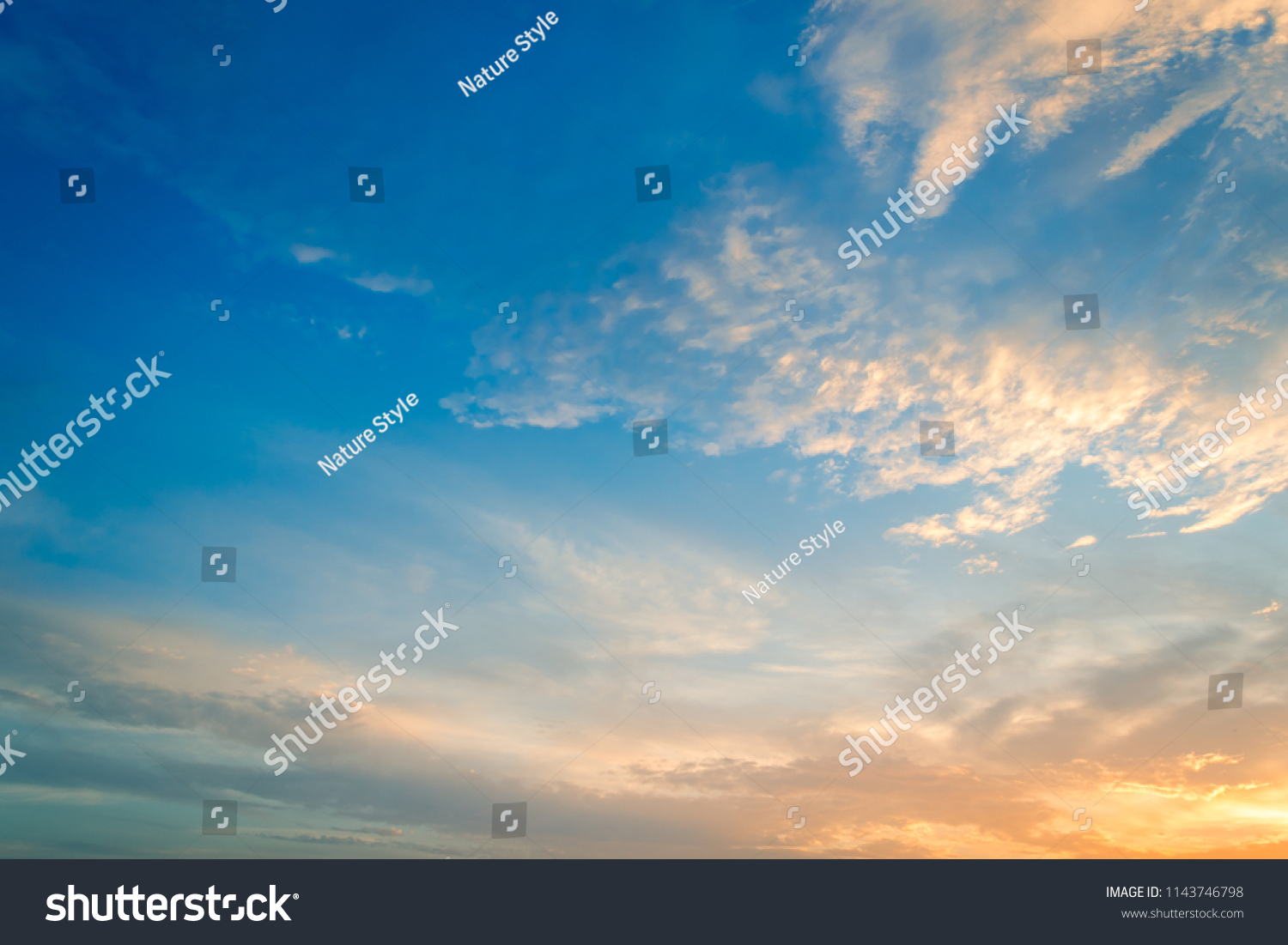 Dusk Sky Background,beautiful yellow sunset sky cloud sunrise in the morning on summer,idyllic peaceful bright nature. #1143746798