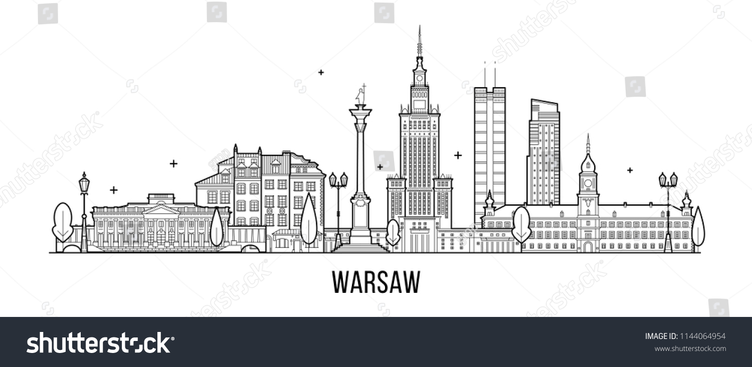 Warsaw skyline, Poland. This illustration represents the city with its most notable buildings. Vector is fully editable, every object is holistic and movable #1144064954