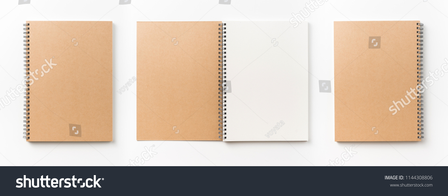 Business concept - Top view collection of  spiral kraft notebook front, back and white open page isolated on background for mockup #1144308806
