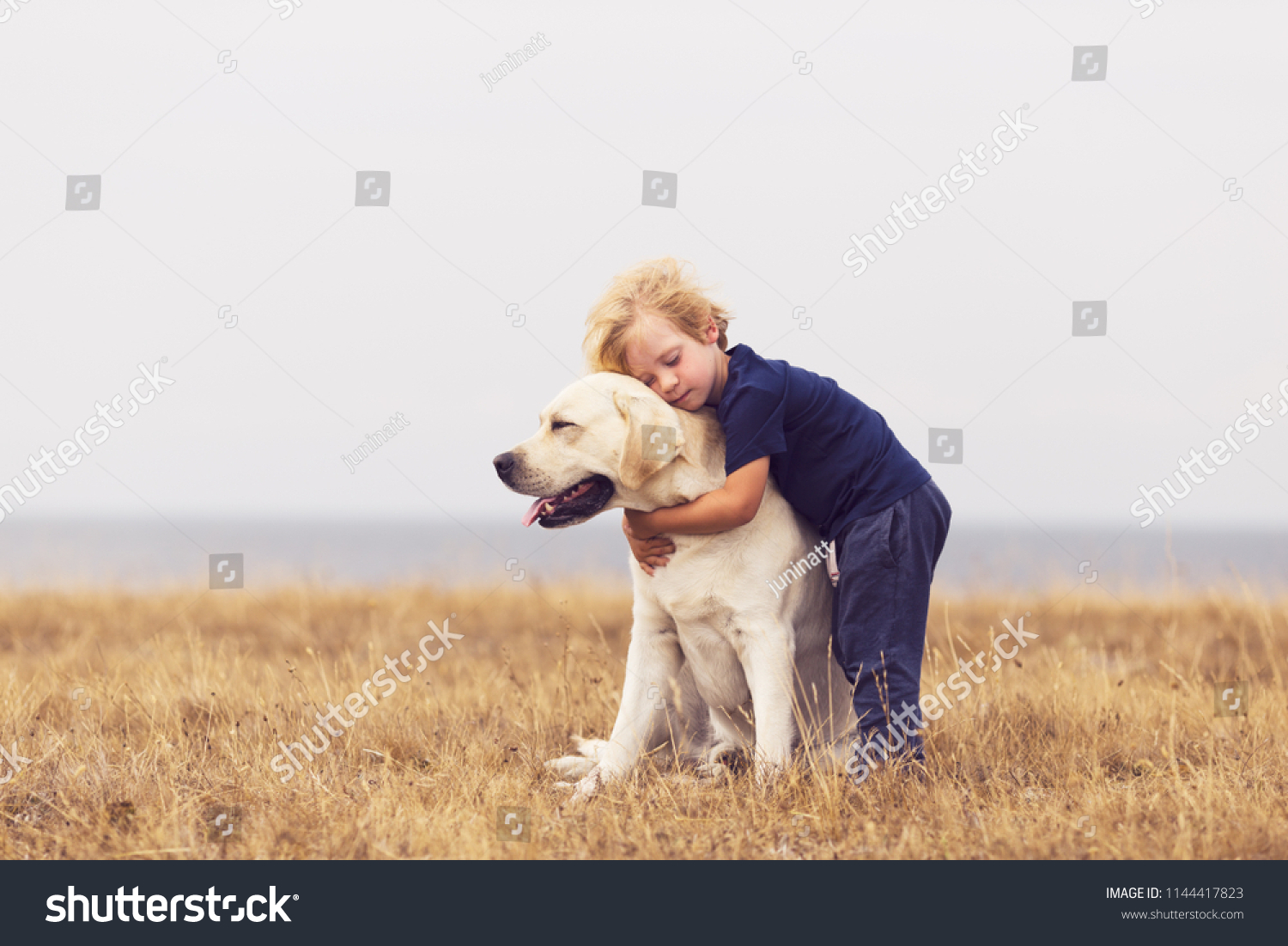 adorable boy hugging her labrador retriever. happy kid with big white dog outdoors. child and his dog best friend having fun in the garden. toddler boy with cute family dog.  #1144417823