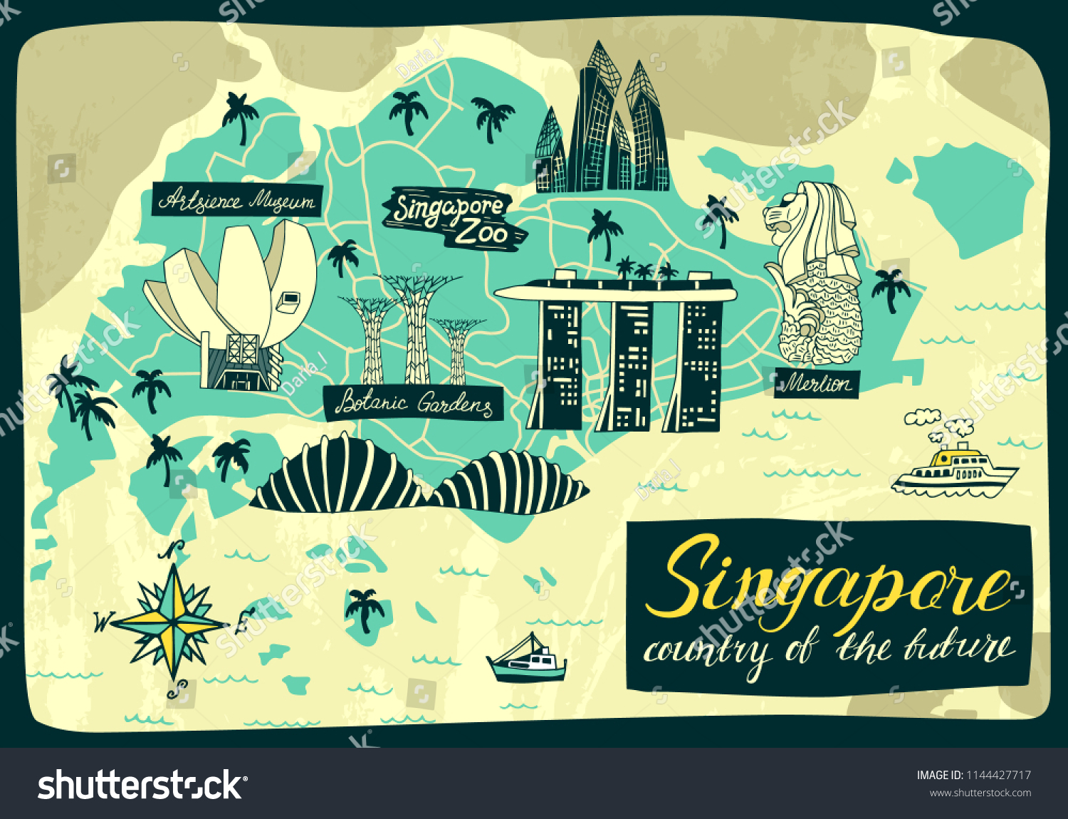 Illustrated map of Singapore. Travel and - Royalty Free Stock Vector