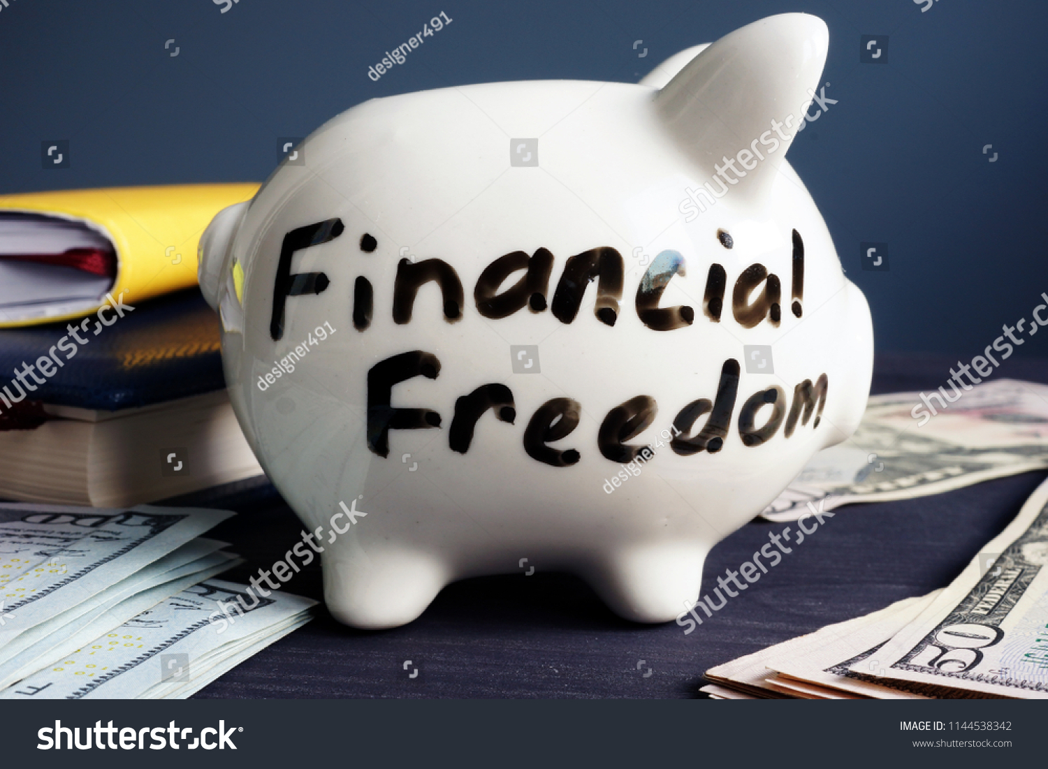 Financial freedom written on a side of piggy bank. #1144538342