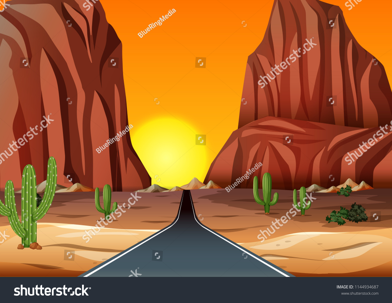 Sunset in the desert with road illustration #1144934687