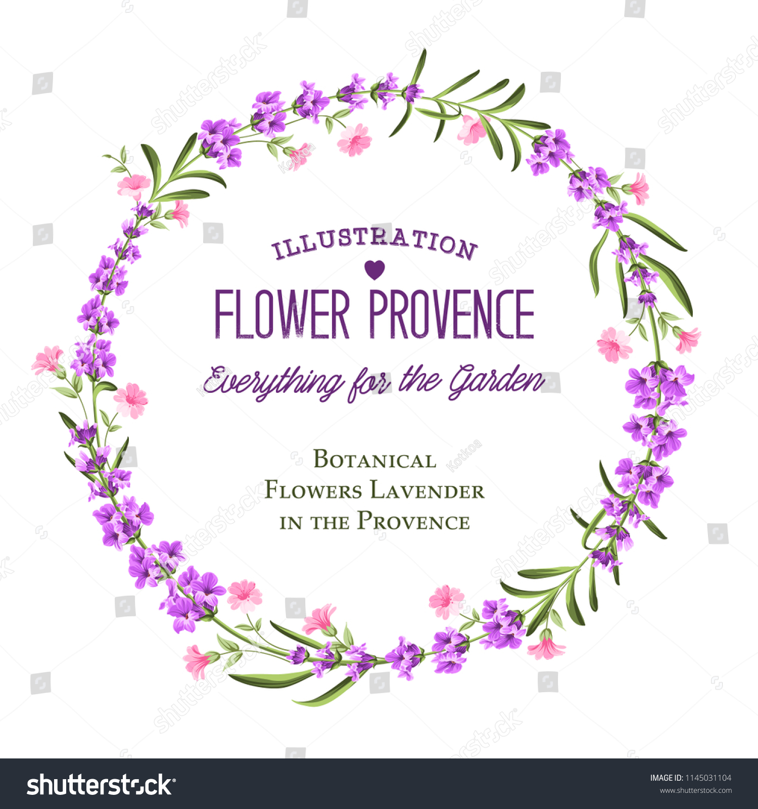 The lavender circle frame of flowers and text. Lavender wreath for your text presentation. Label of perfume package. Vector illustration. #1145031104
