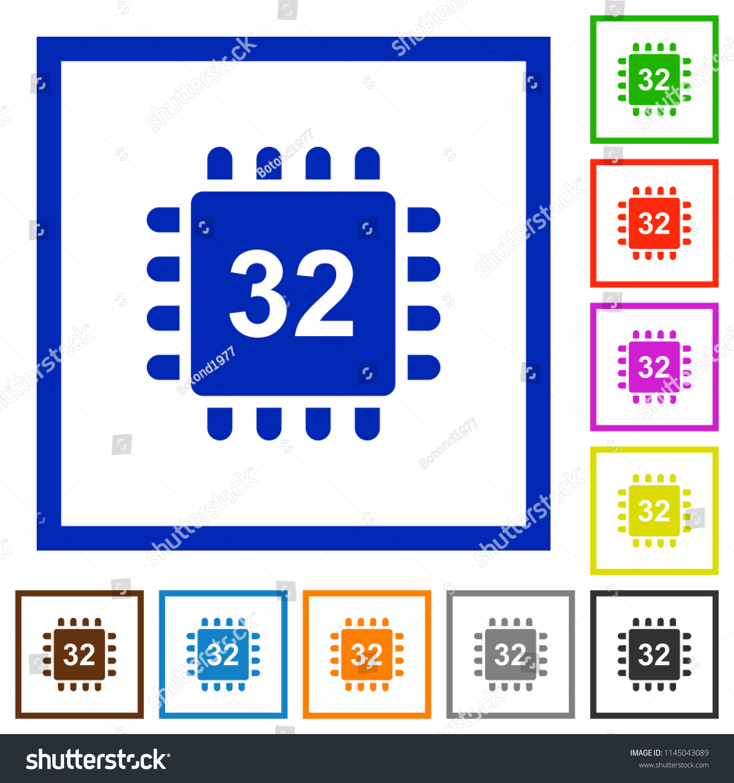 Microprocessor 32 bit architecture flat color icons in square frames on white background #1145043089
