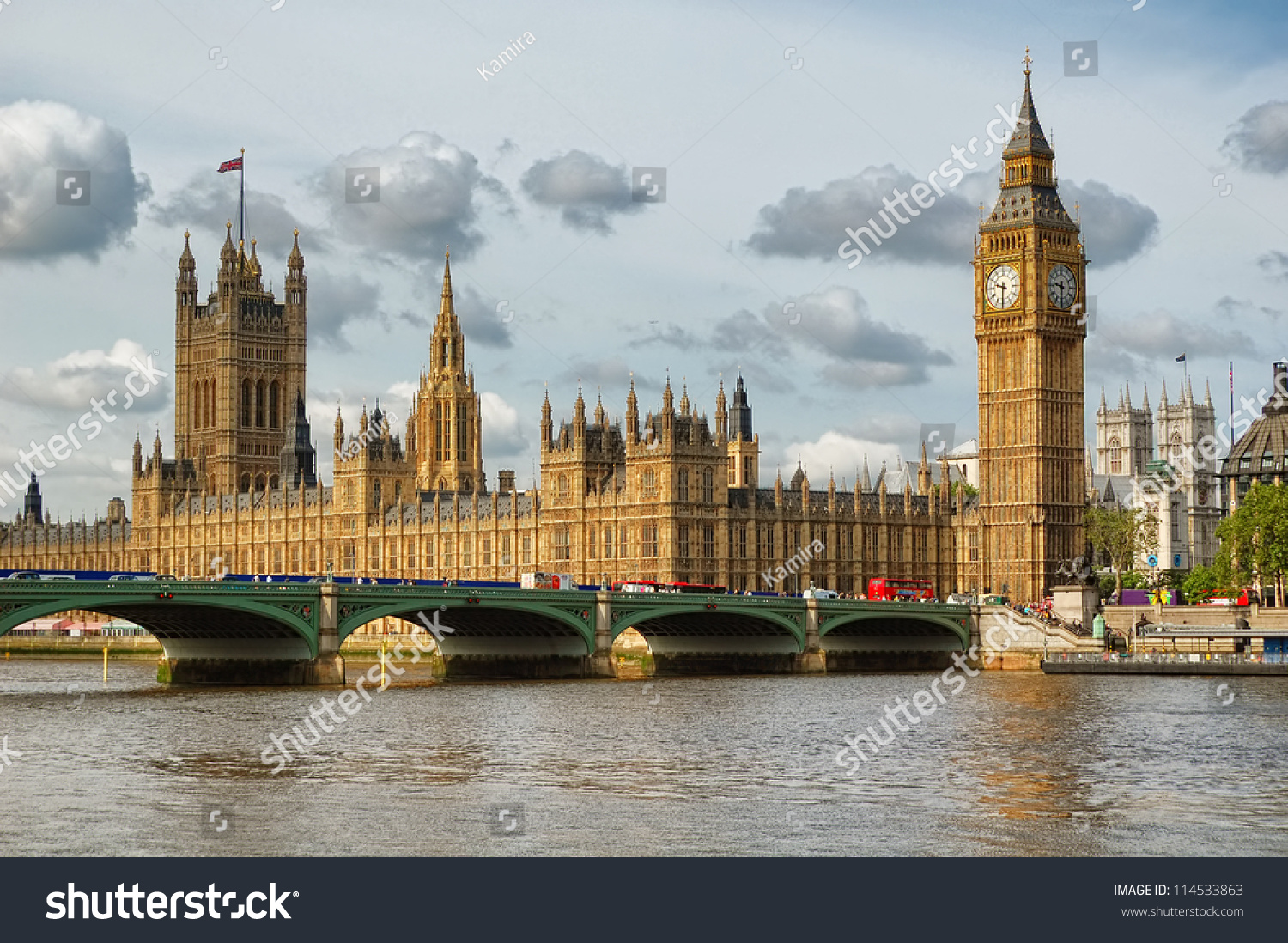 The Big Ben, the Houses of Parliament and Westminster Bridge in London #114533863