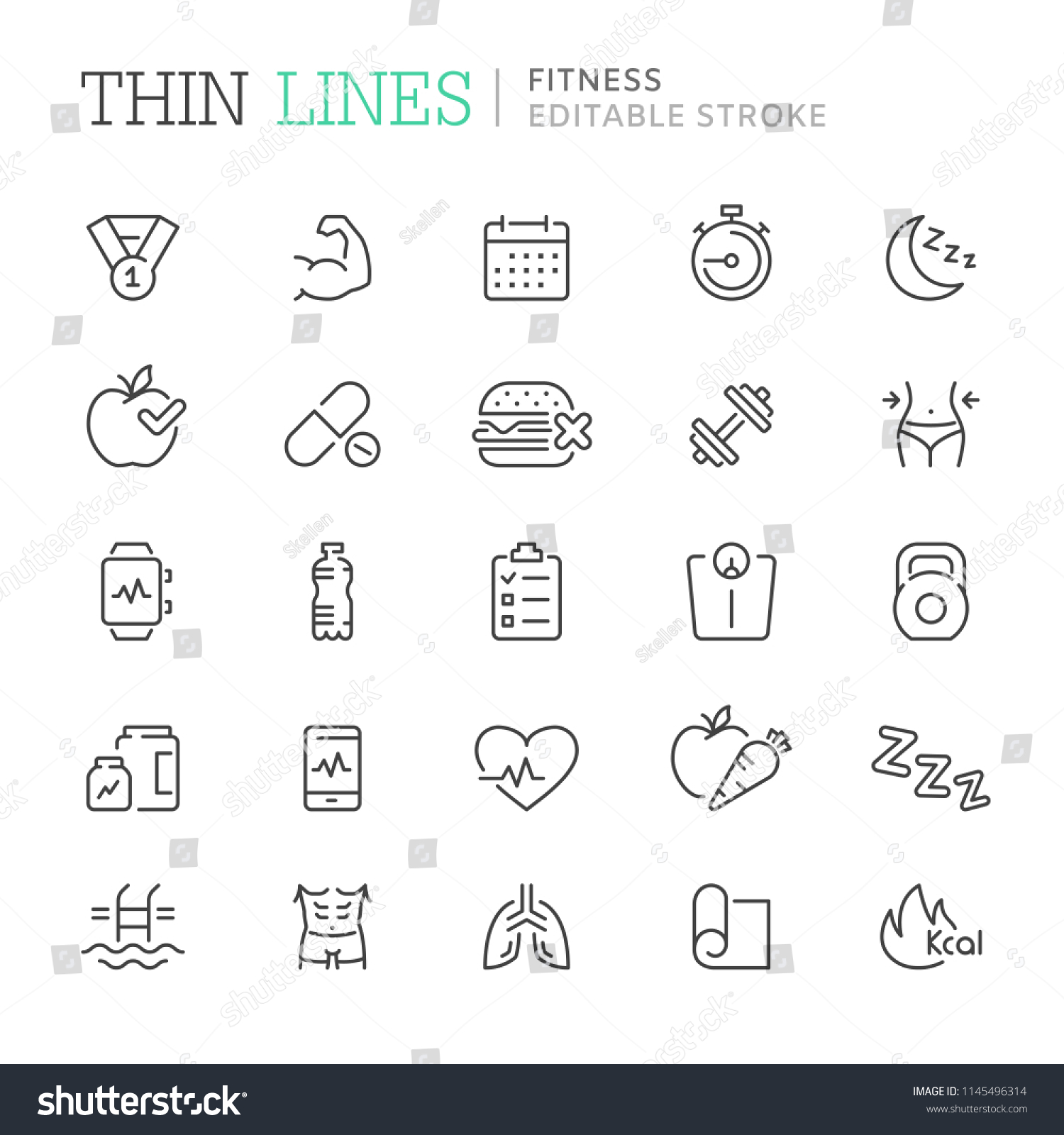 Collection of fitness related line icons. Editable stroke #1145496314