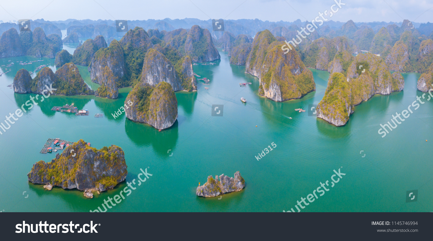 Lan Ha Bay of Ha Long Bay, Quang Ninh Province, Viet Nam. is a touristic fishing village of the UNESCO World Heritage Site in Vietnam. unmanned aerial view,  #1145746994