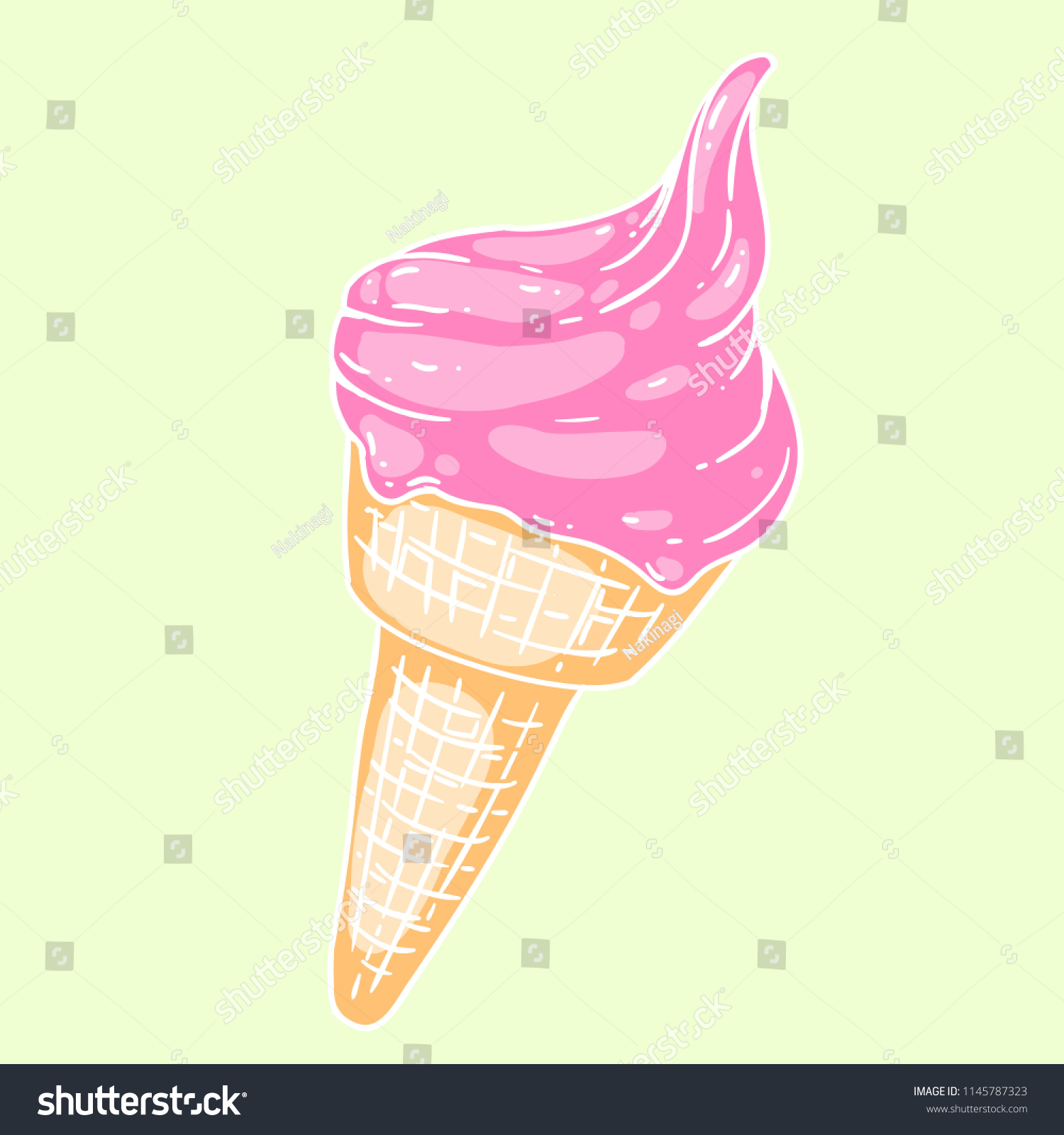 A vector hand drawn doodle of an icecream cone. Summer theme, full colored strawberry ice-cream art for advertising, banners, leaflets and menu #1145787323